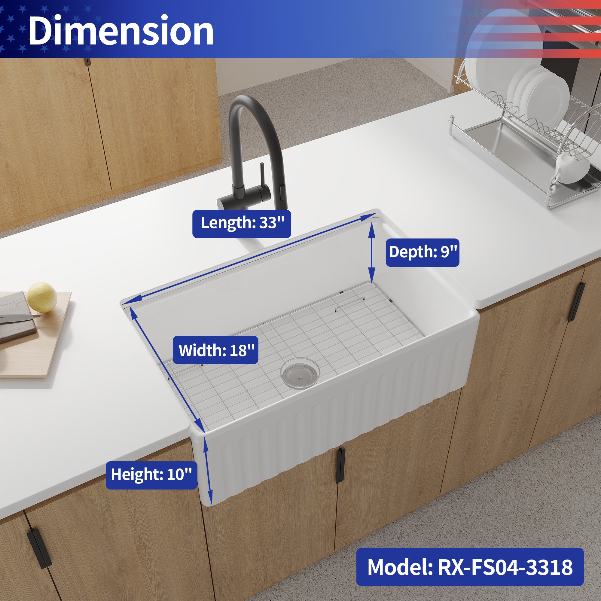 Fireclay Farmhouse Kitchen Sink with Grid and Strainer RX-FS04