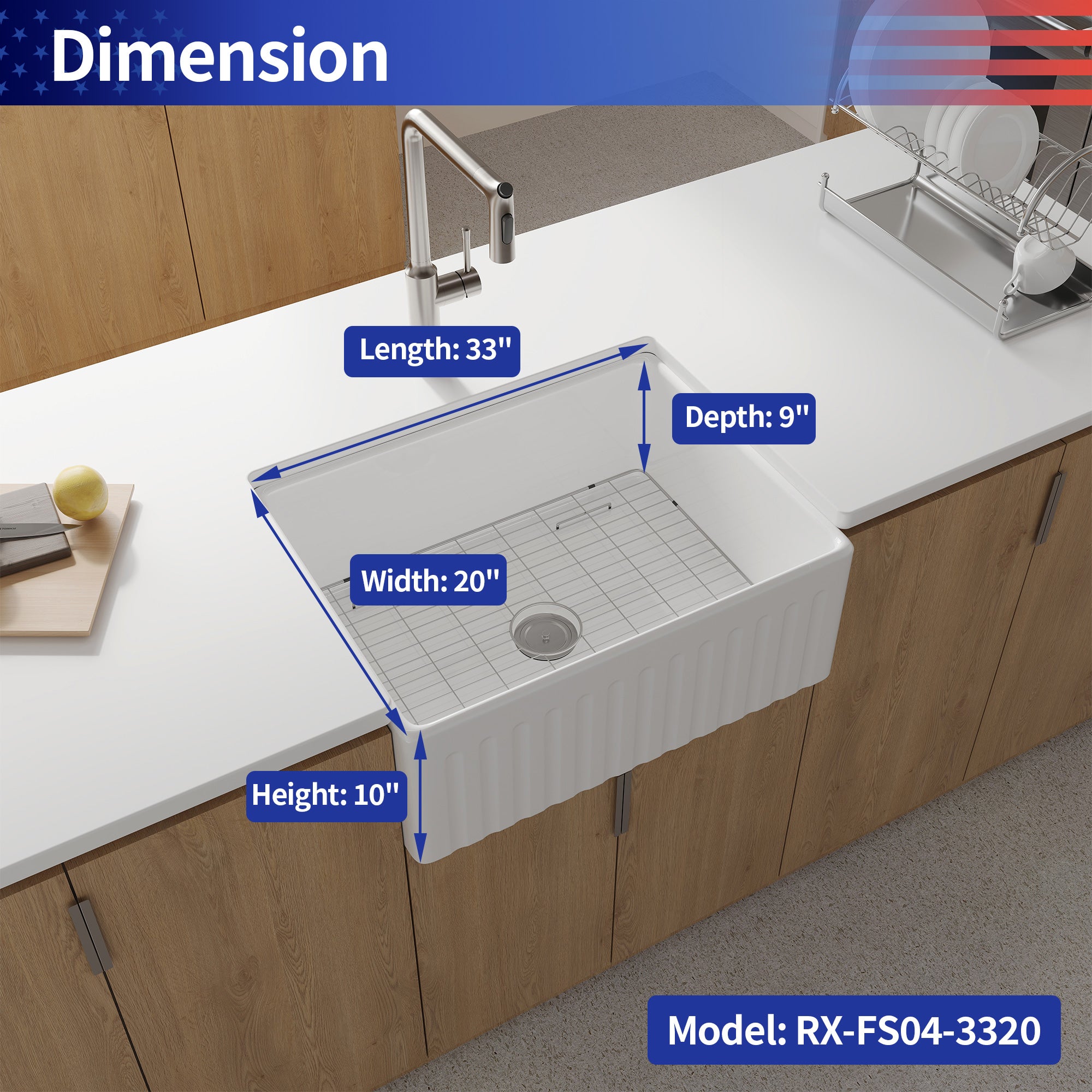 Fireclay Farmhouse Kitchen Sink with Grid and Strainer RX-FS04