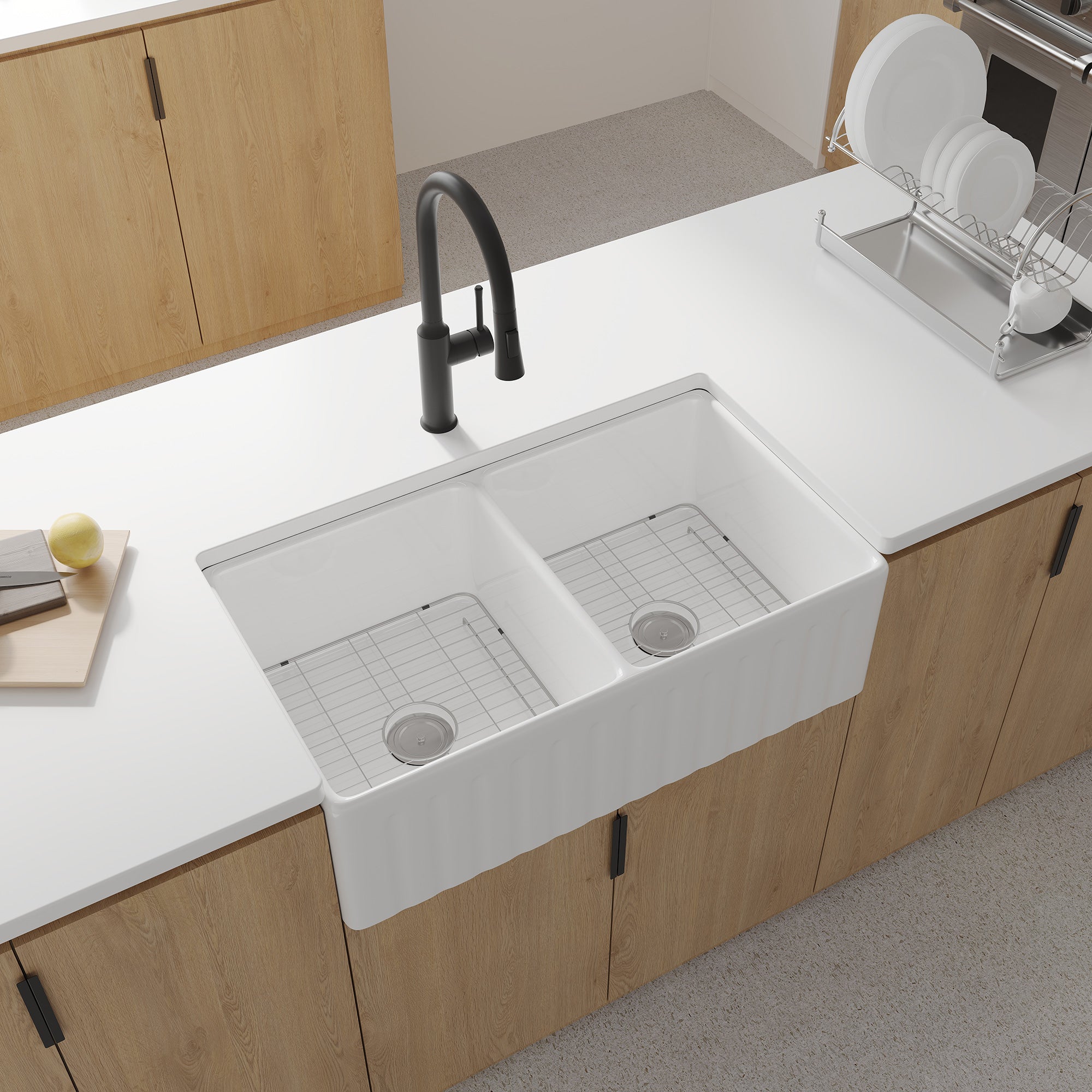 Fireclay Farmhouse Apron-Front Double Bowl Kitchen Sink with Grid