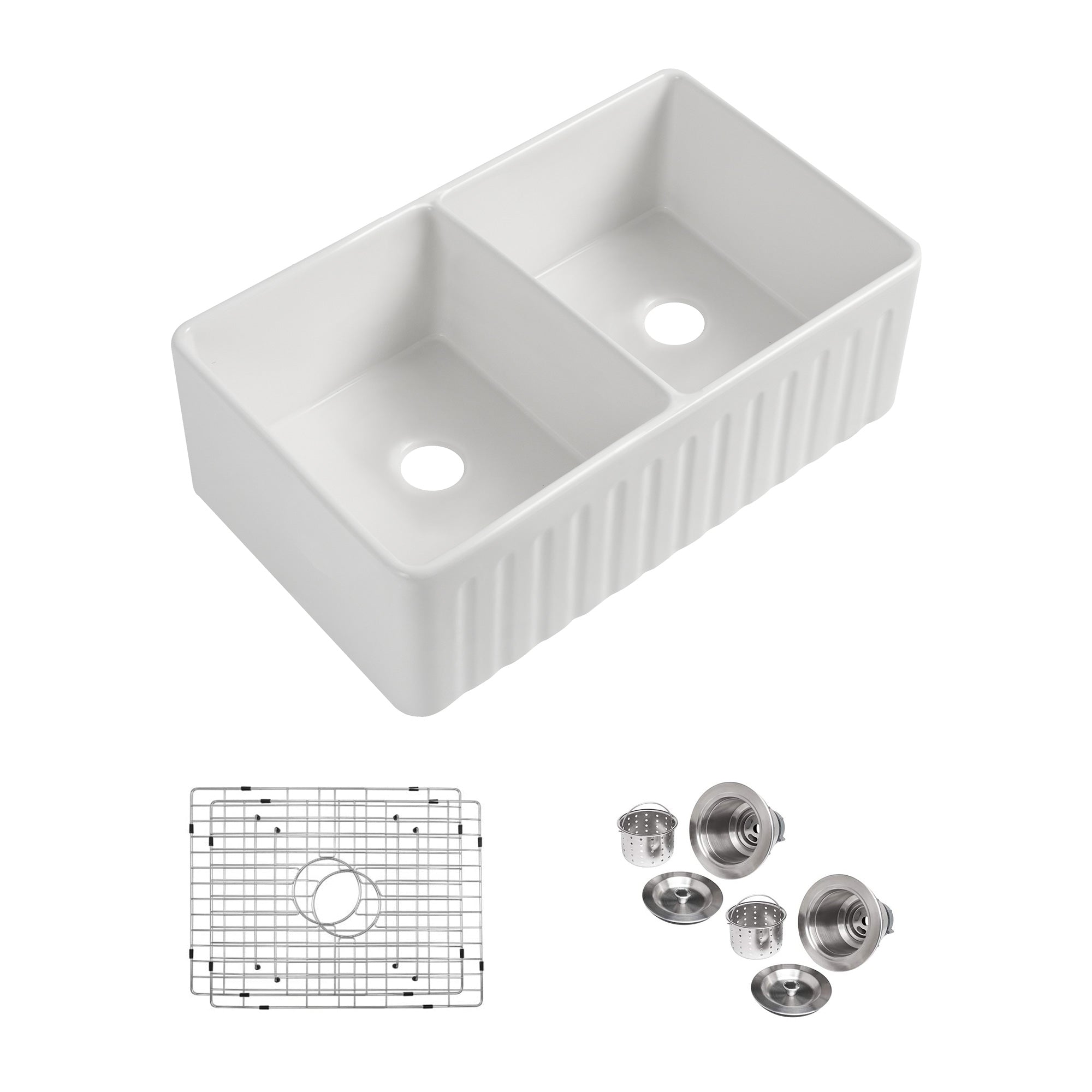Fireclay Farmhouse Apron-Front Double Bowl Kitchen Sink with Grid