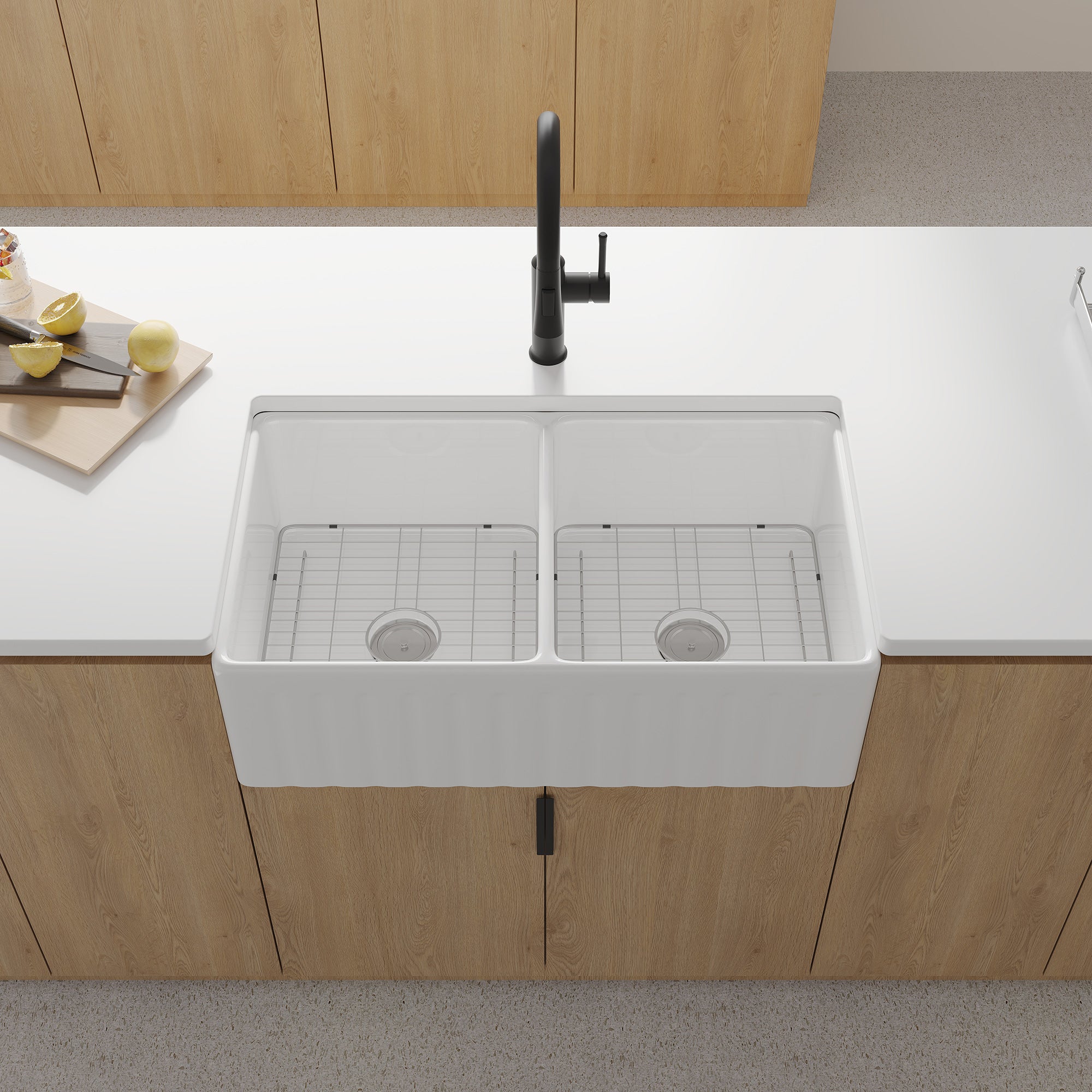 Fireclay Farmhouse Apron-Front Double Bowl Kitchen Sink with Grid