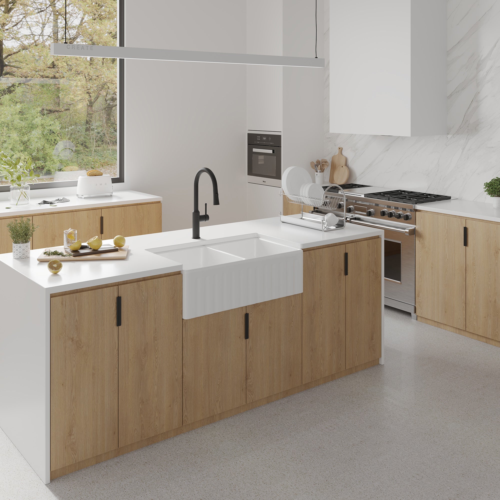 Fireclay Farmhouse Apron-Front Double Bowl Kitchen Sink with Grid