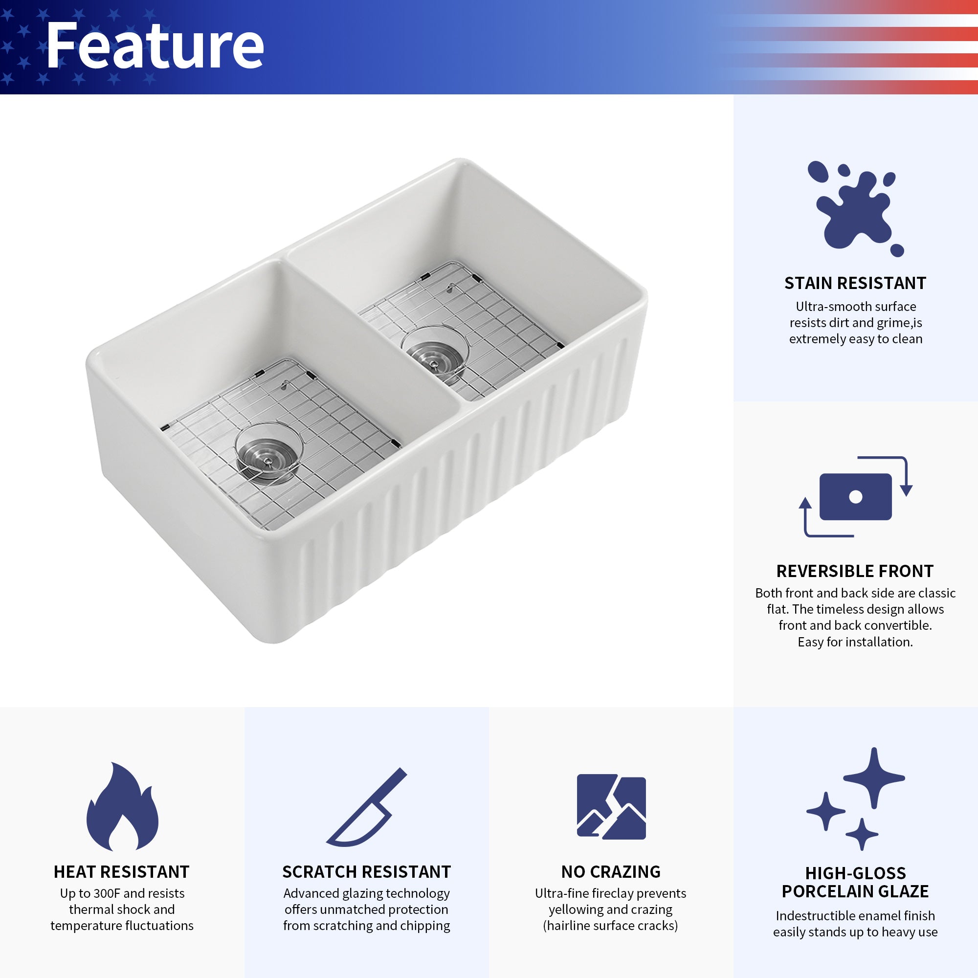 Fireclay Farmhouse Apron-Front Double Bowl Kitchen Sink with Grid
