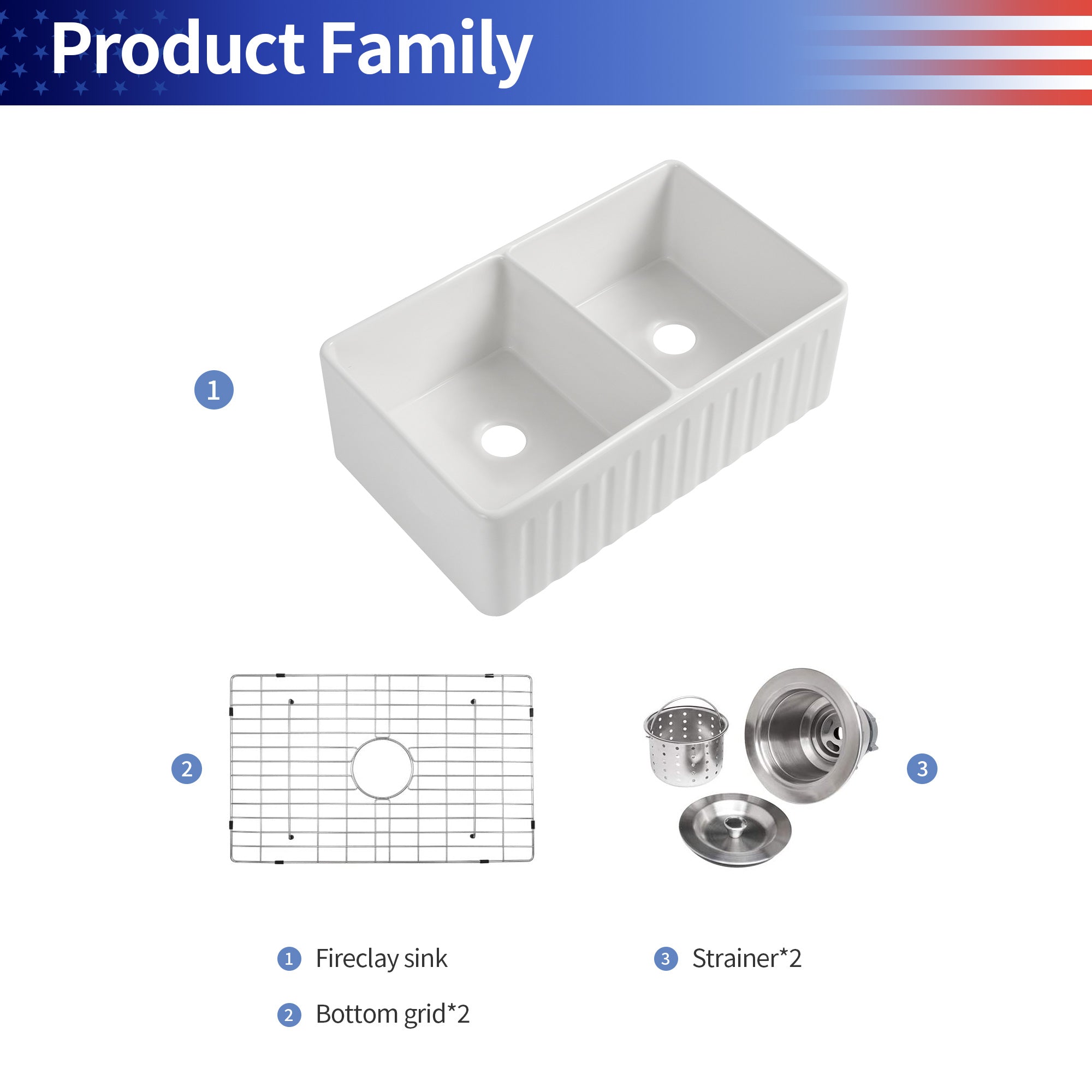 Fireclay Double Basin Farmhouse Kitchen Sink With Grid And Strainer RX-FS05