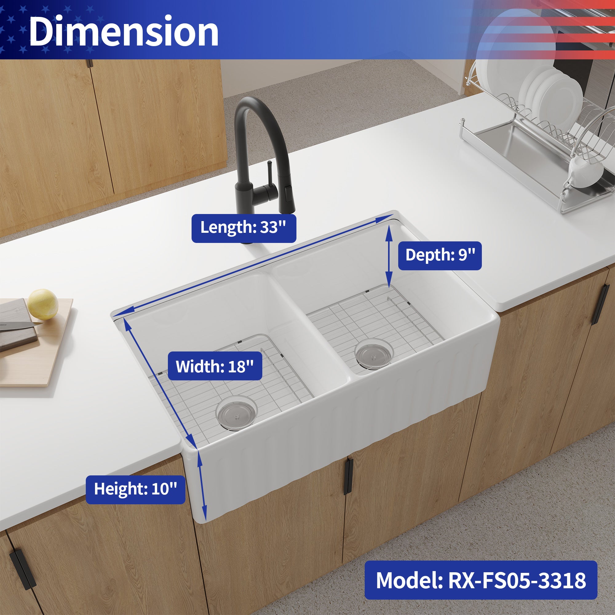 Fireclay Double Basin Farmhouse Kitchen Sink With Grid And Strainer RX-FS05