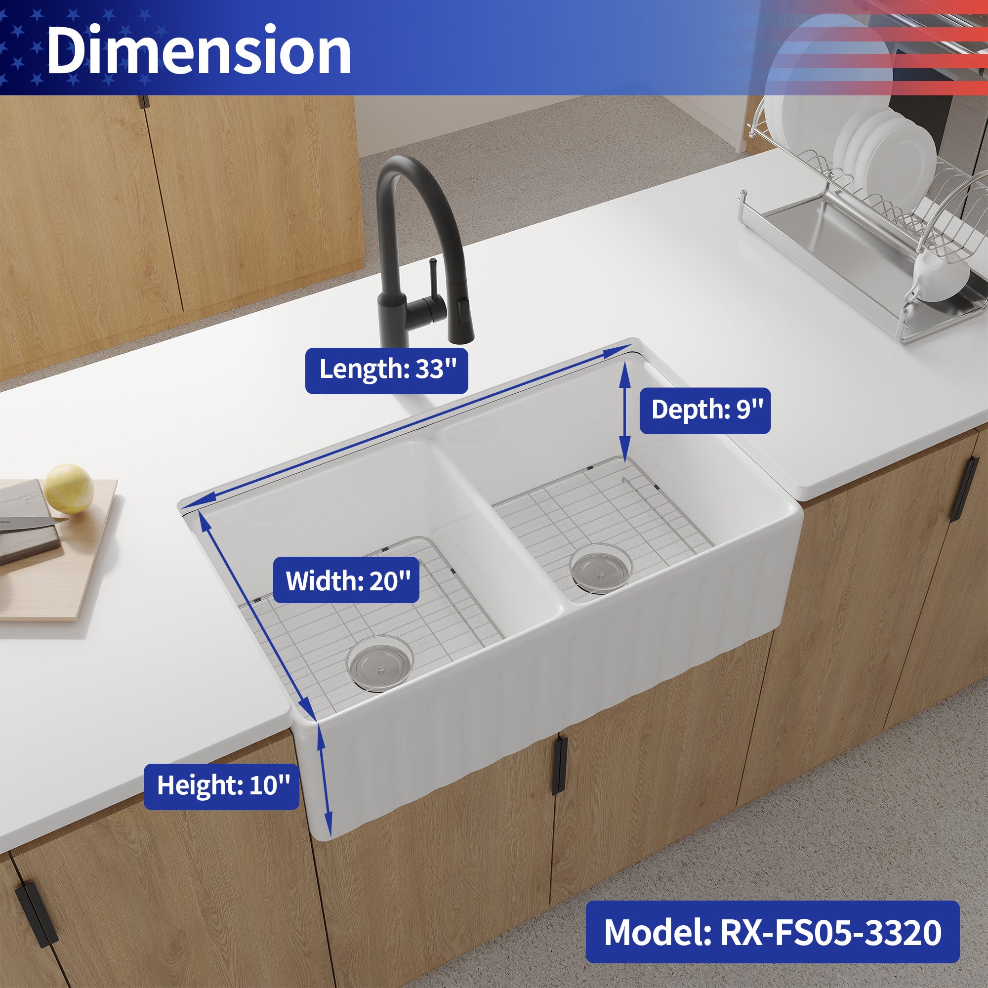 Fireclay Double Basin Farmhouse Kitchen Sink With Grid And Strainer RX-FS05