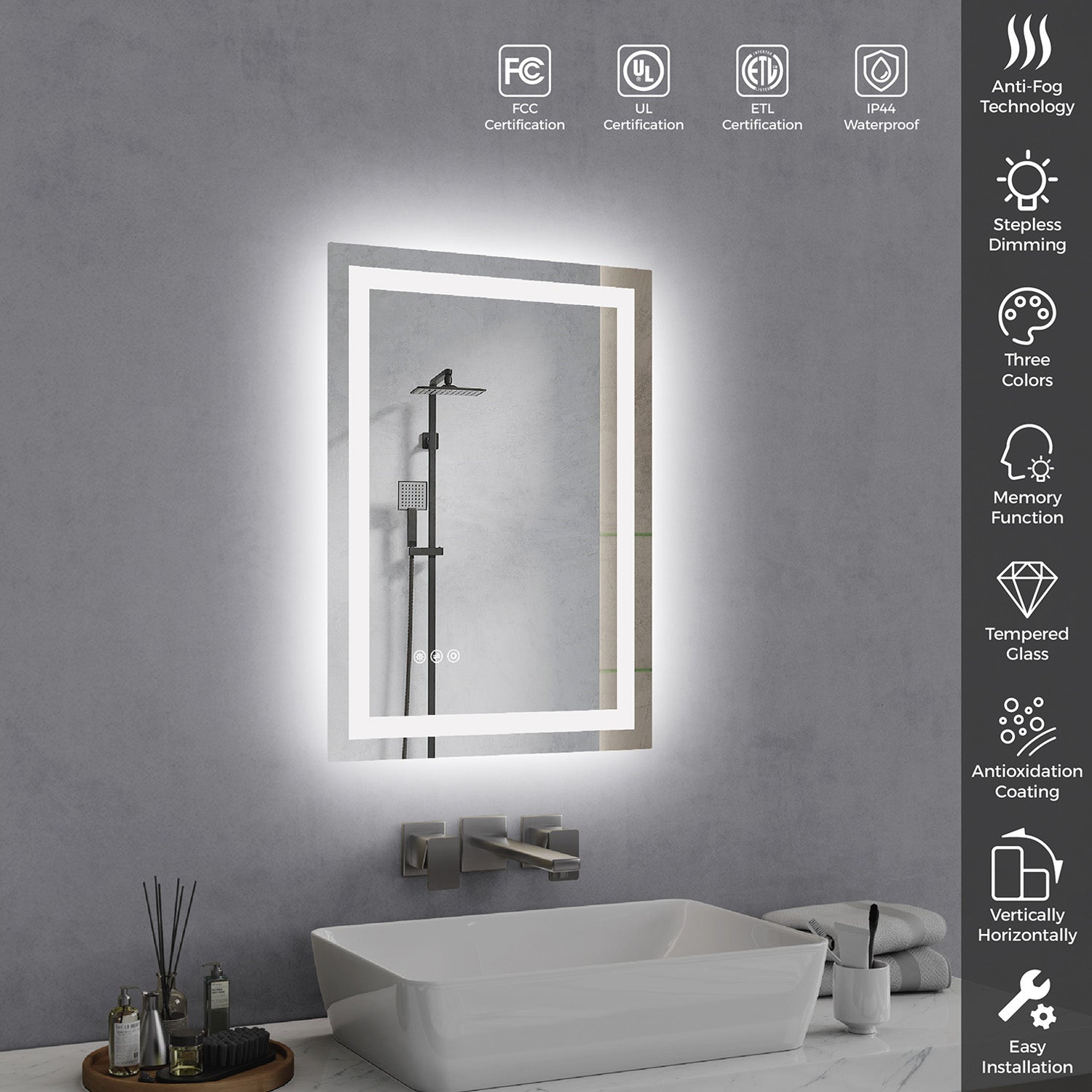 Front and Backlit LED Bathroom Mirror with Anti-Fog, 3 Color Temperatures, Stepless Dimming, Memory, Tempered Glass and IP44 Waterproof