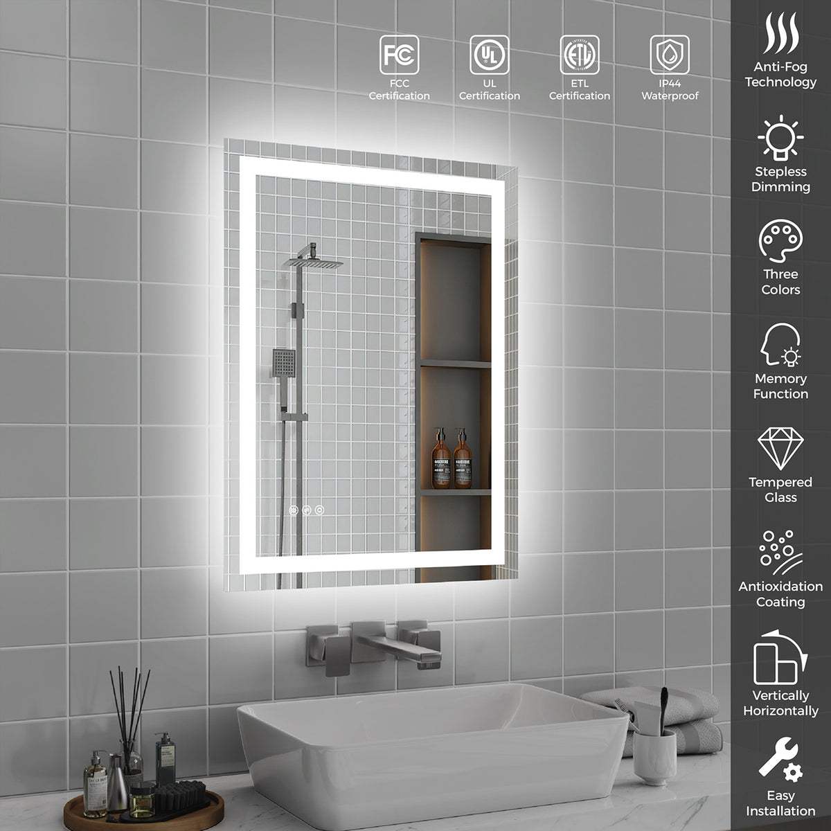 RAINLEX Front and Backlit LED Bathroom Mirror with Anti-Fog, 3 Color Temperatures