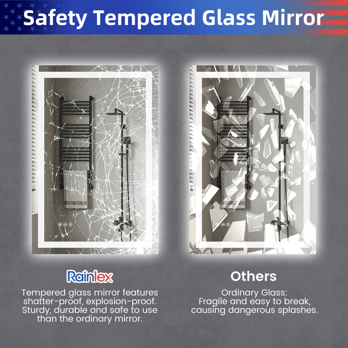 RAINLEX Front and Backlit LED Bathroom Mirror with Anti-Fog, 3 Color Temperatures