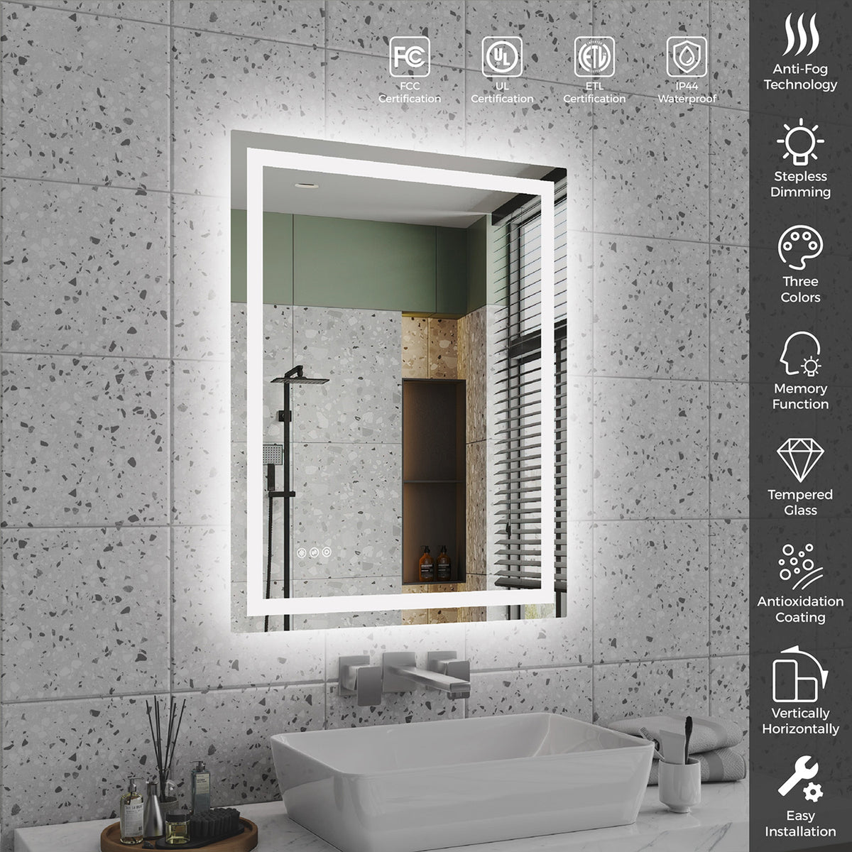RAINLEX Front and Backlit LED Bathroom Mirror with Anti-Fog, 3 Color Temperatures