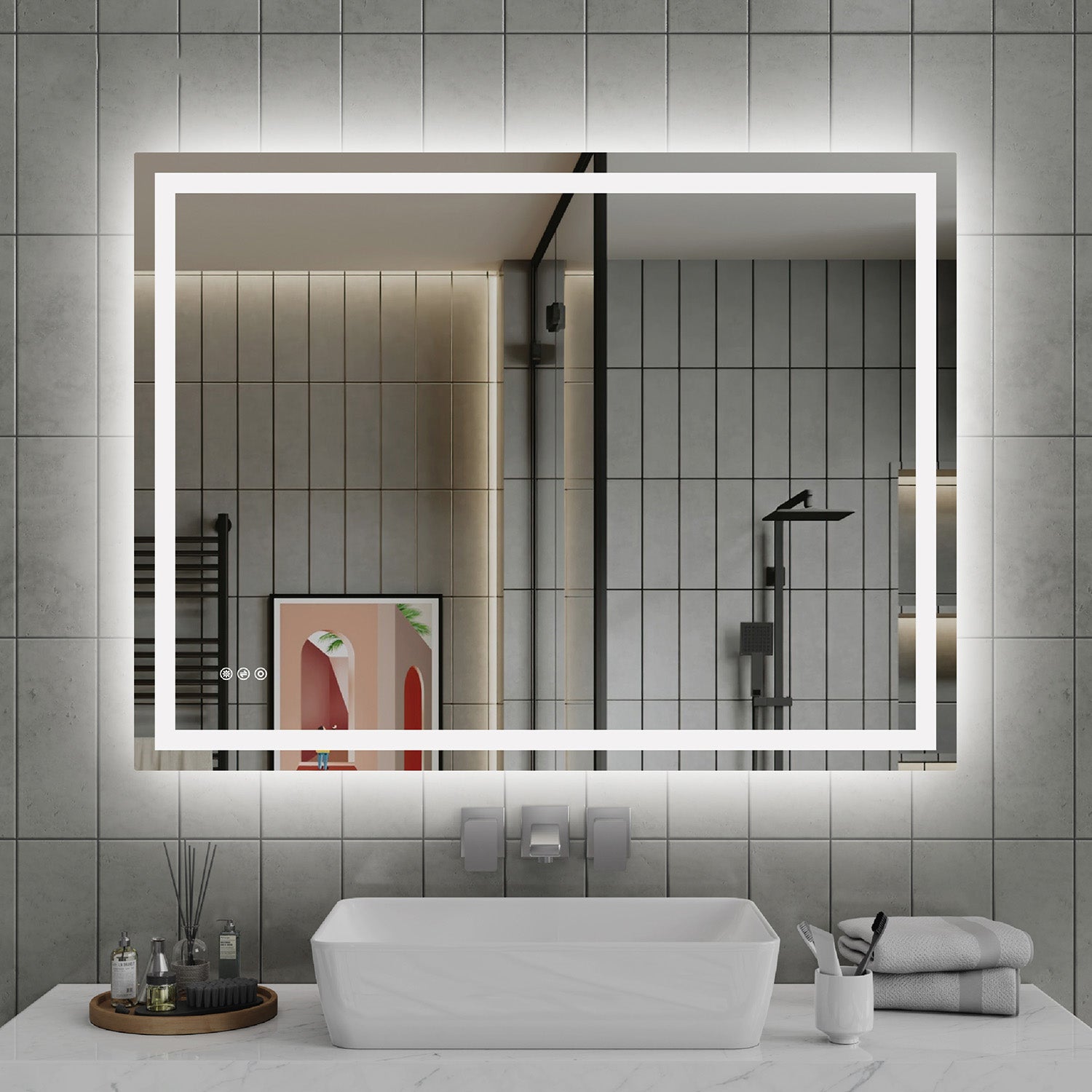 Large Front and Backlit LED Bathroom Mirror for Double Vanity with Anti-Fog, 3 Color Temperatures, Stepless Dimming, Memory, Tempered Glass and IP44 Waterproof