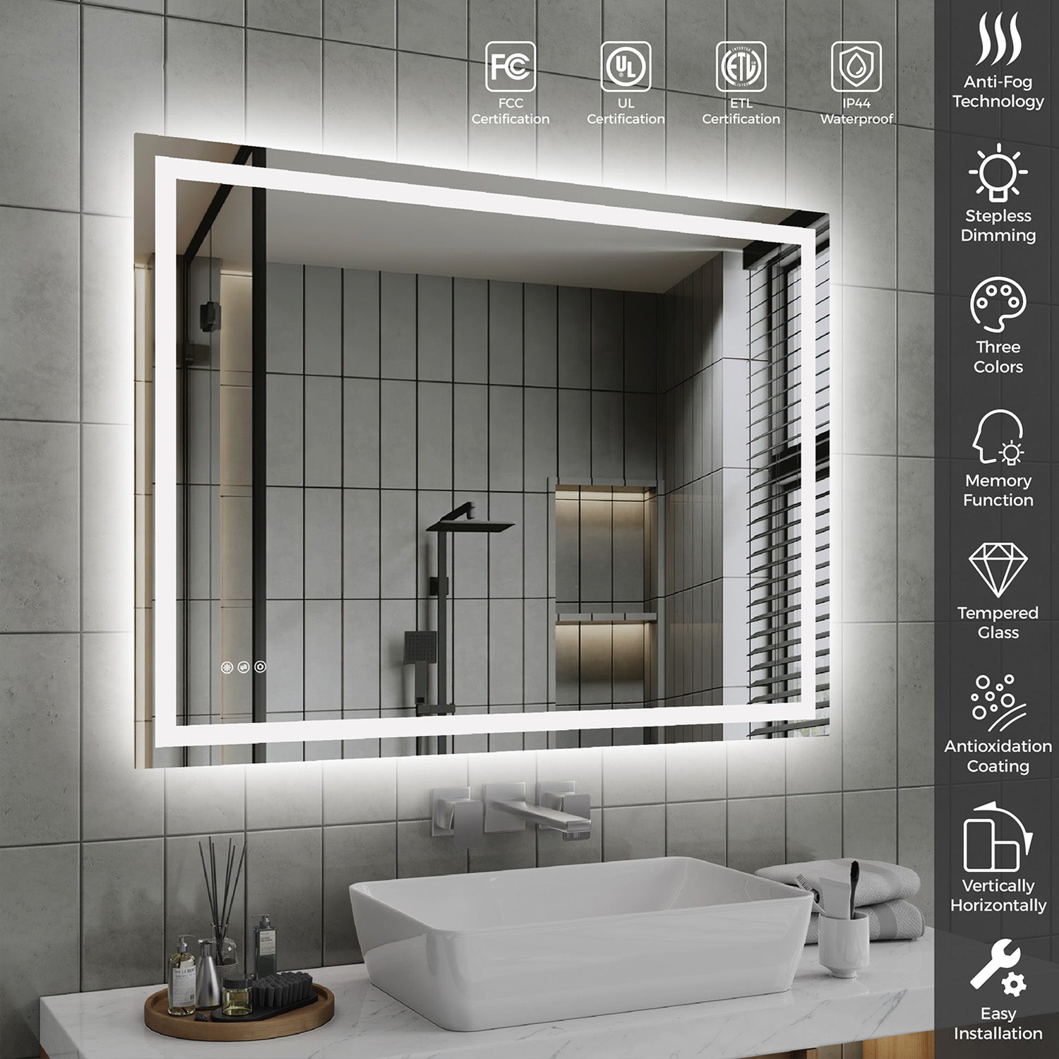 Large Front and Backlit LED Bathroom Mirror for Double Vanity with Anti-Fog, 3 Color Temperatures, Stepless Dimming, Memory, Tempered Glass and IP44 Waterproof