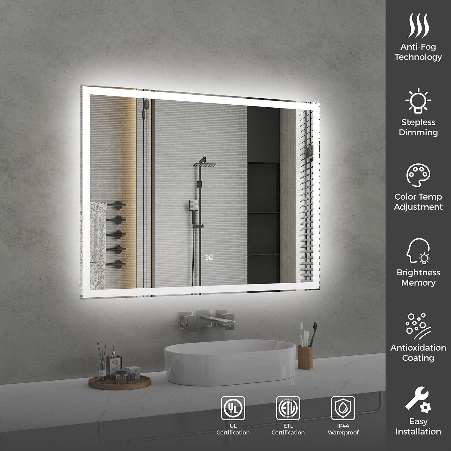 48 in. x 36 in. Front and Backlit LED Bathroom Mirror with Anti-Fog, 3 Color Temperatures, Stepless Dimming, Memory and IP44 Waterproof