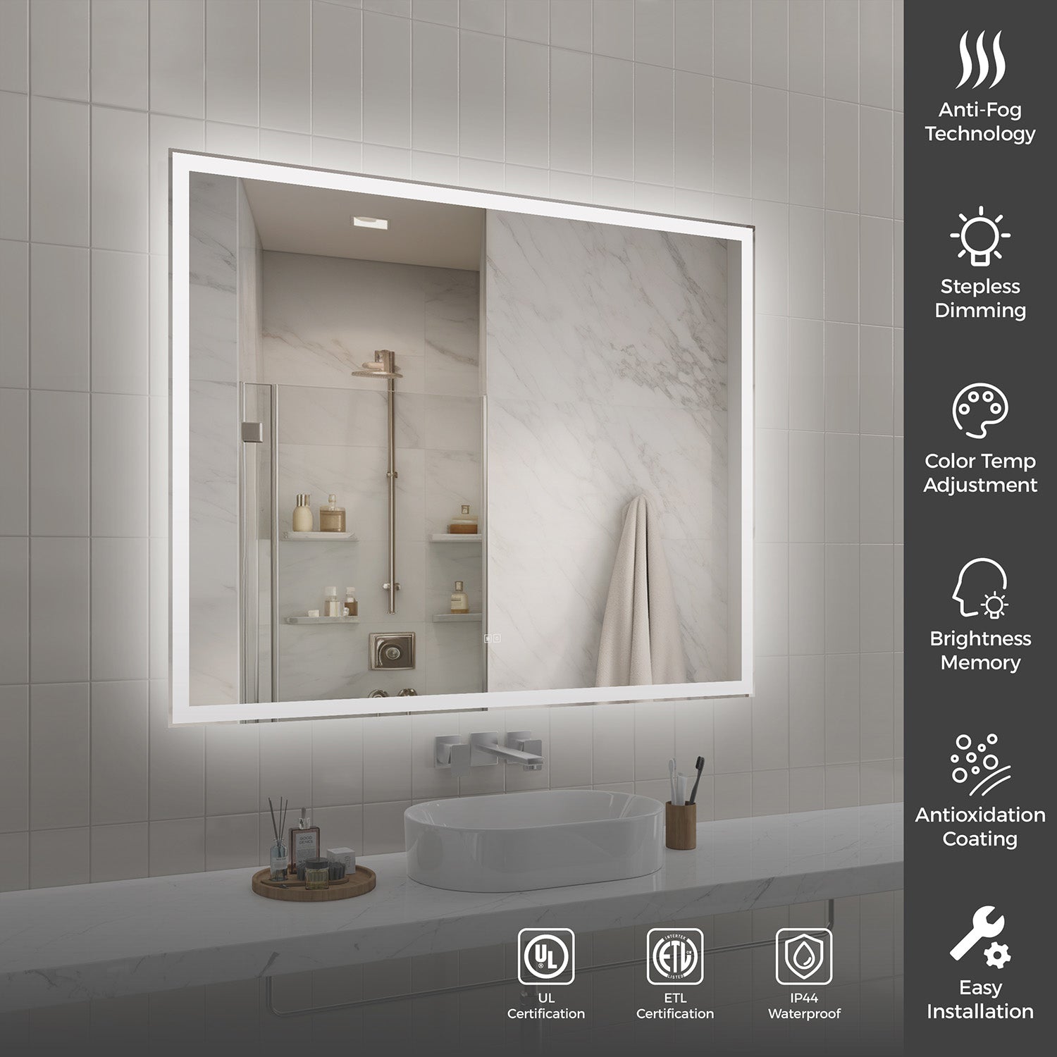 60 in. x 48 in. Front and Backlit LED Bathroom Mirror with Anti-Fog, 3 Color Temperatures, Stepless Dimming, Memory and IP44 Waterproof