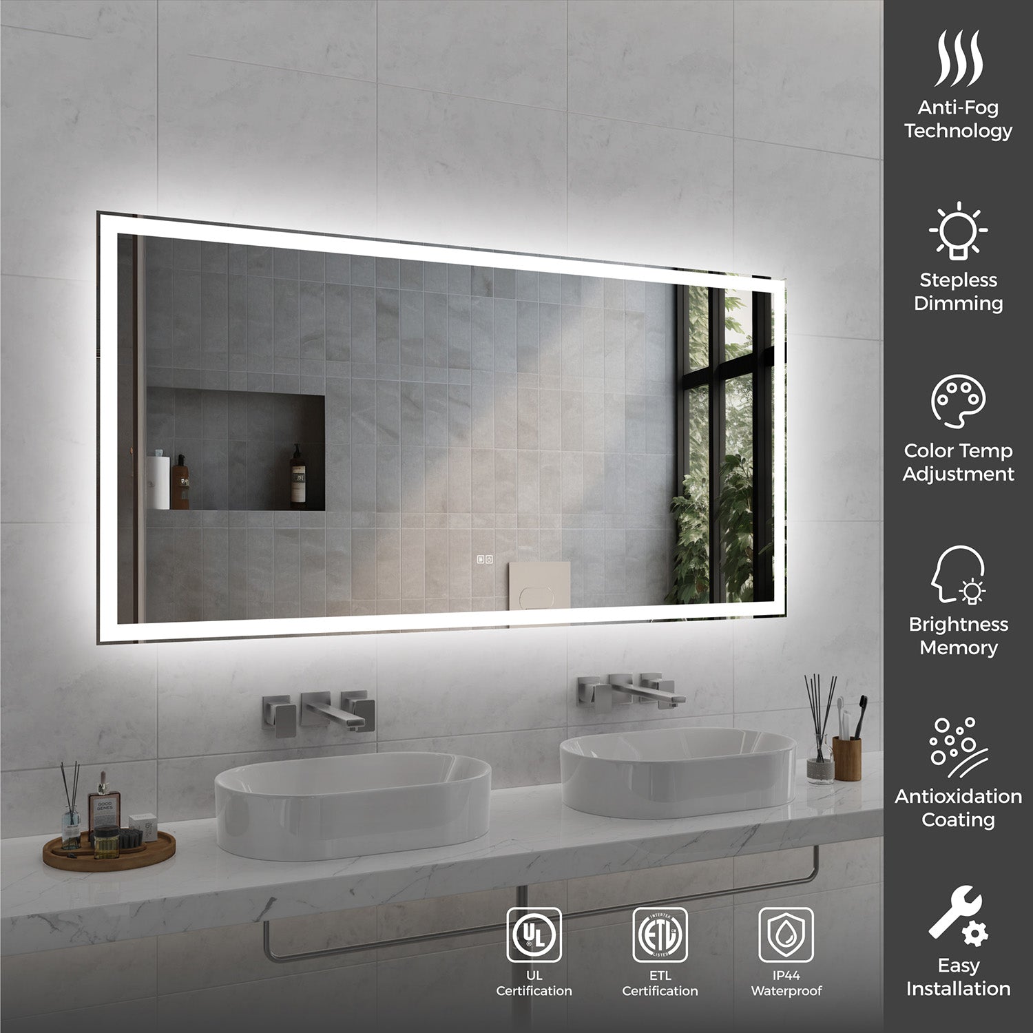 72 in. x 36 in. Front and Backlit LED Bathroom Mirror with Anti-Fog, 3 Color Temperatures, Stepless Dimming, Memory and IP44 Waterproof