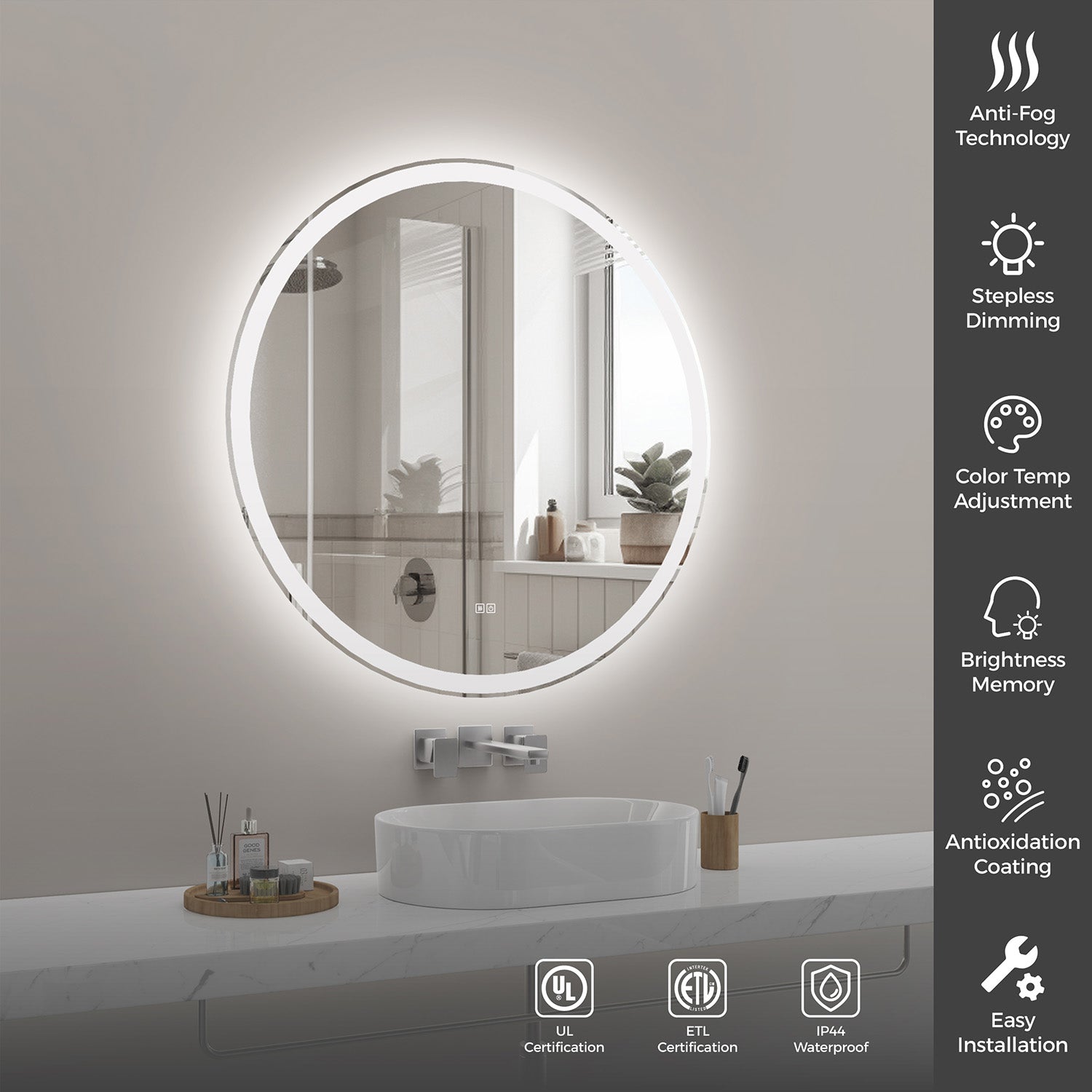 40 in. Round Front and Backlit LED Bathroom Mirror with Anti-Fog, 3 Color Temperatures, Stepless Dimming, Memory and IP44 Waterproof