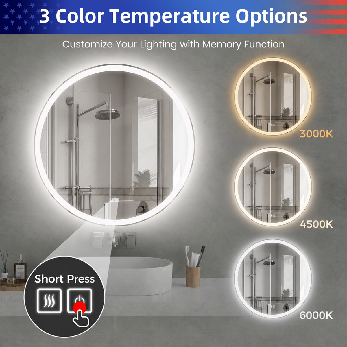 RAINLEX 40 in. Round Front and Backlit LED Bathroom Mirror with Anti-Fog, 3 Color Temperatures