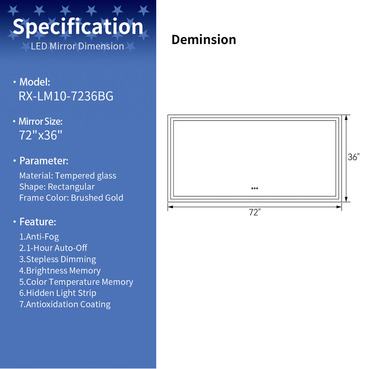 RAINLEX 72 in. x 36 in. Rectangular Front and Backlit LED Bathroom Mirror with Metal Frame