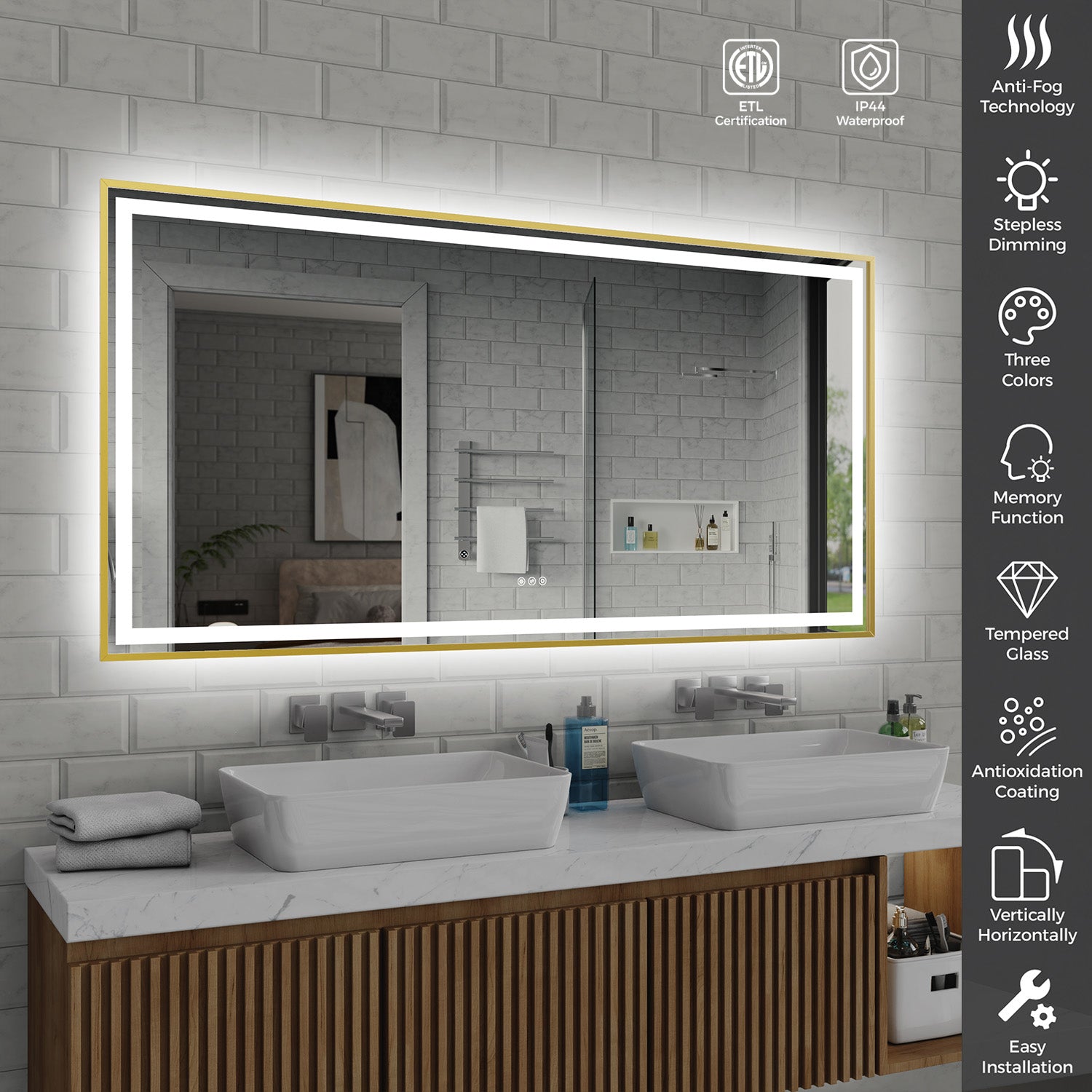 72 in. x 36 in. Rectangular Front and Backlit LED Bathroom Mirror with Metal Frame, Anti-Fog, 3 Color Temperatures, Stepless Dimming and Memory