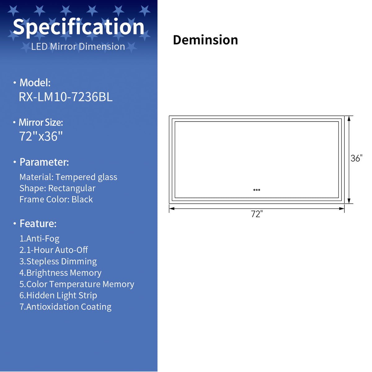 RAINLEX 72 in. x 36 in. Rectangular Front and Backlit LED Bathroom Mirror with Metal Frame