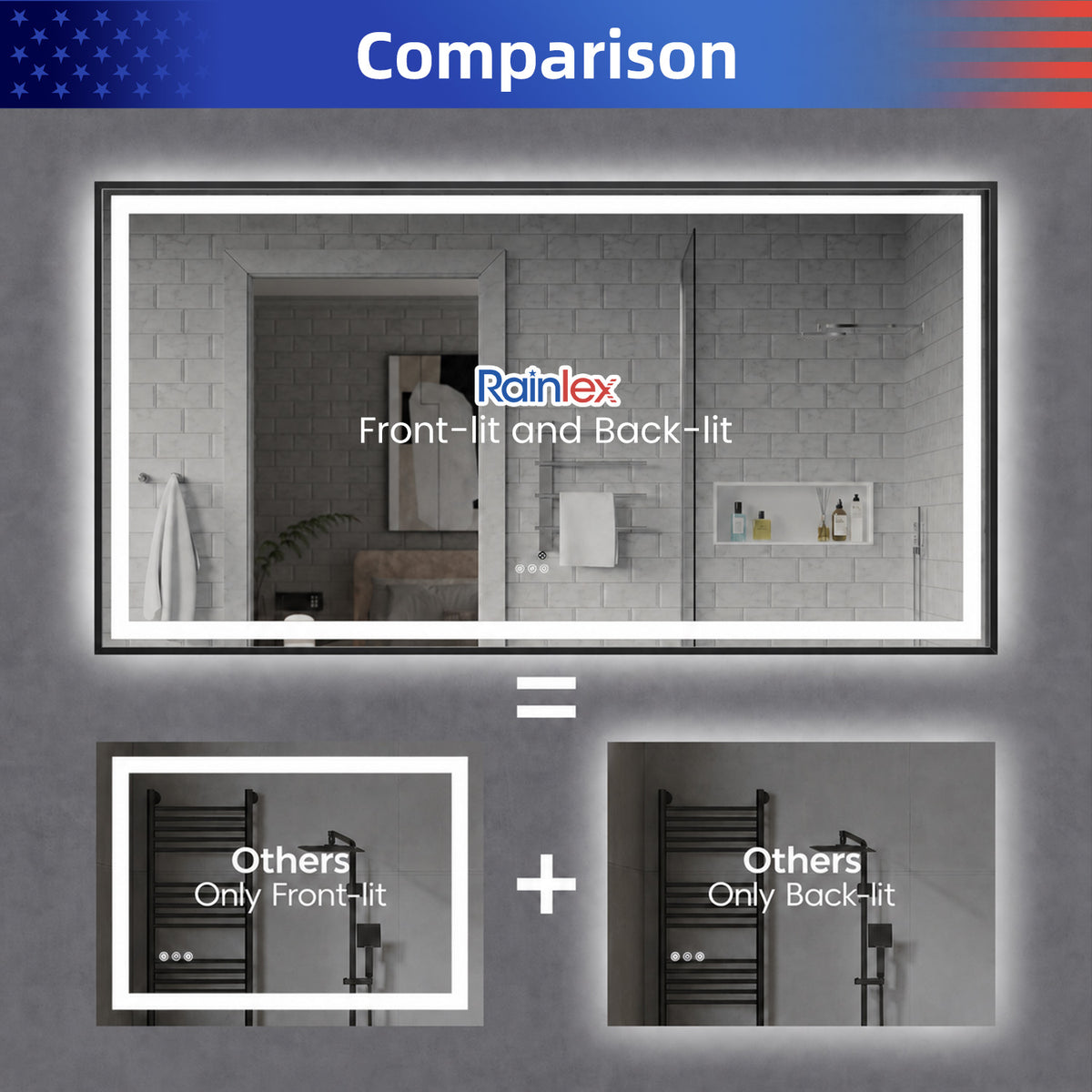 RAINLEX 72 in. x 36 in. Rectangular Front and Backlit LED Bathroom Mirror with Metal Frame