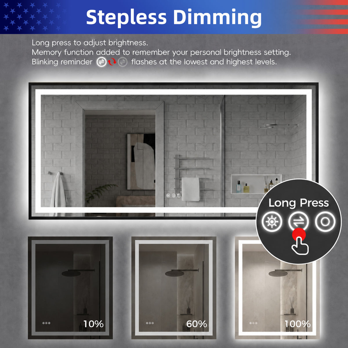RAINLEX 72 in. x 36 in. Rectangular Front and Backlit LED Bathroom Mirror with Metal Frame