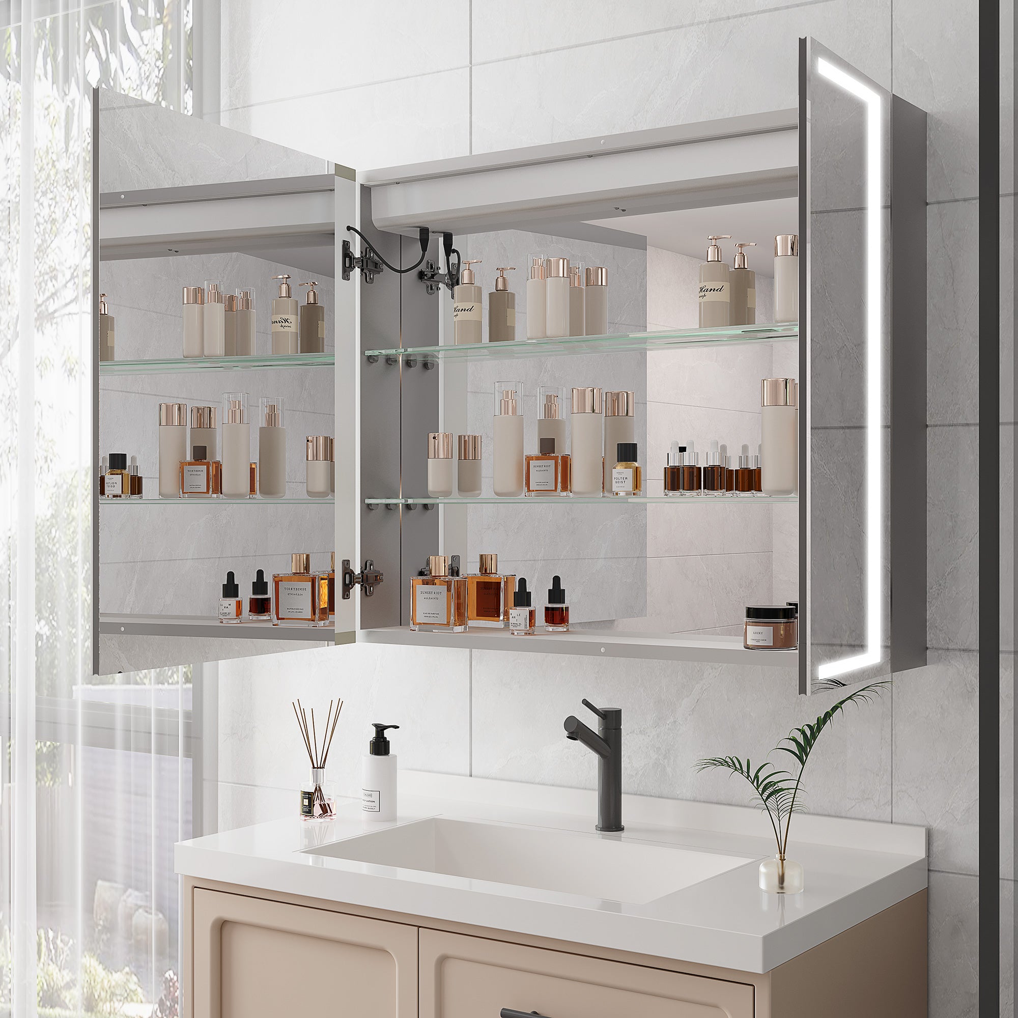 Armoire à pharmacie encastrée ou à montage en surface avec éclairage à DEL de 36 po de largeur x 30 po de hauteur, avec miroir antibuée et 3 tablettes réglables RX-MC03-3036