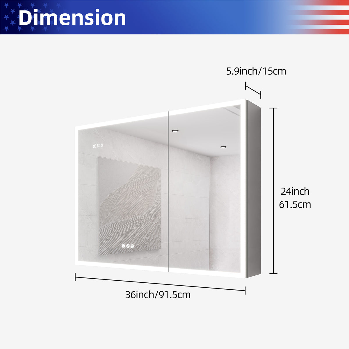 Armoire à pharmacie à montage en surface avec éclairage à DEL de 36 po de largeur x 24 po de hauteur, avec miroir antibuée et 2 étagères réglables RX-MC05-2436