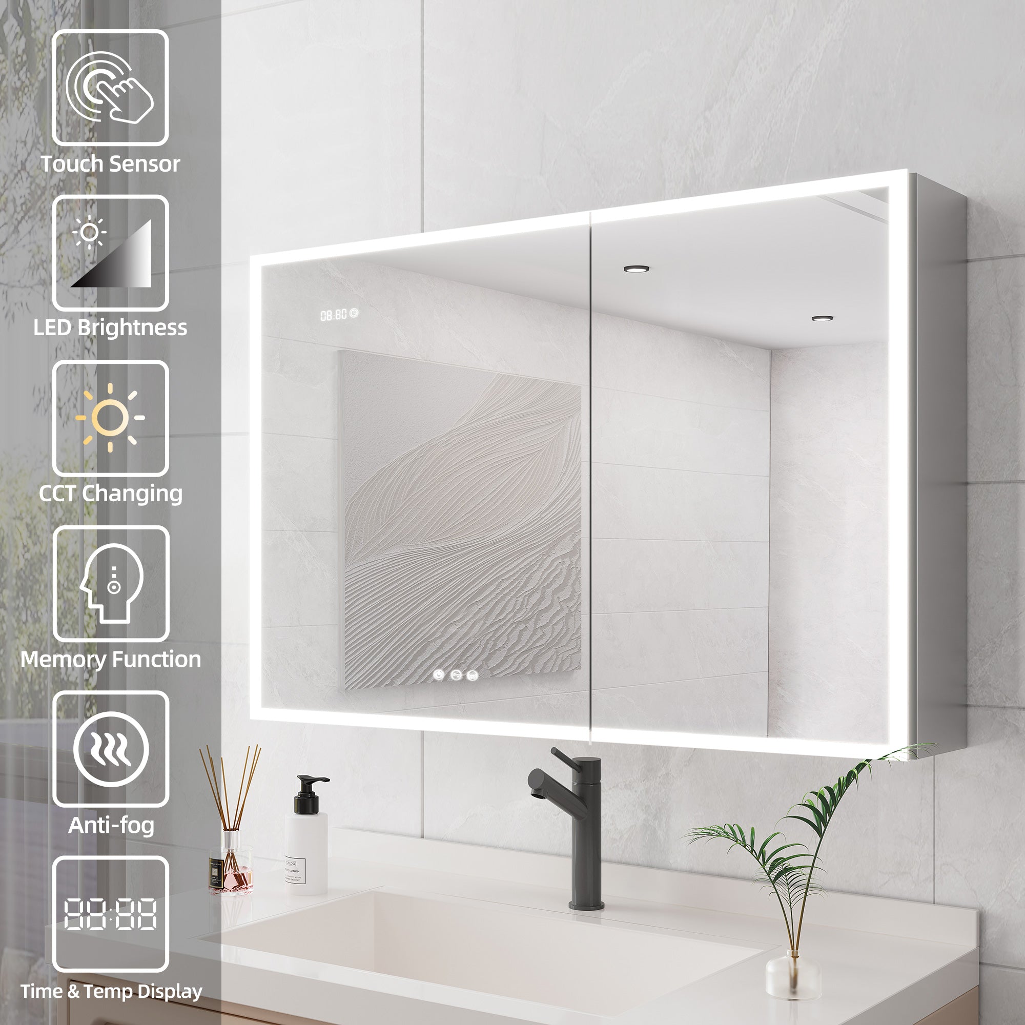 Armoire à pharmacie à montage en surface avec éclairage à DEL de 36 po de largeur x 24 po de hauteur, avec miroir antibuée et 2 étagères réglables RX-MC05-2436