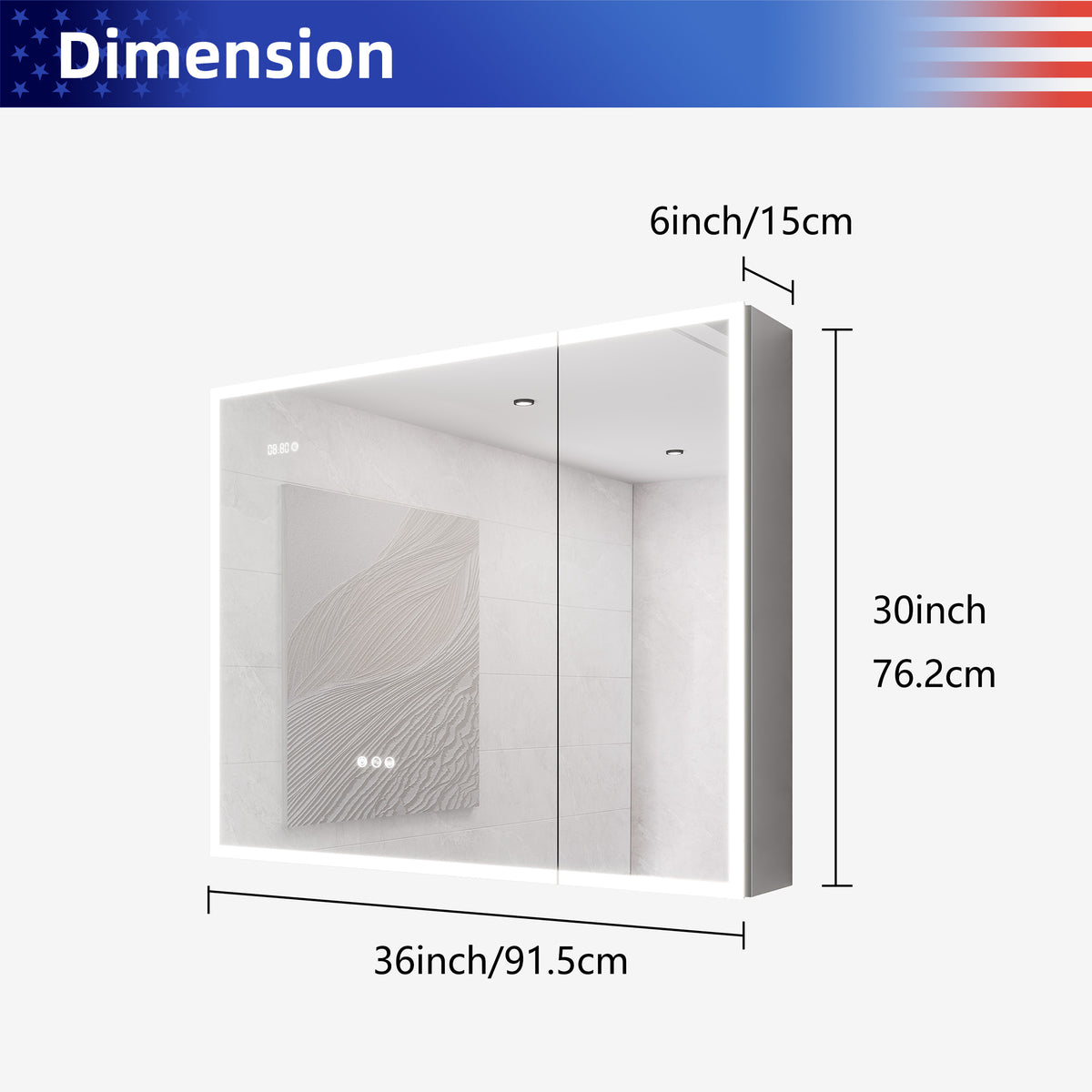 Armoire à pharmacie à montage en surface avec éclairage à DEL de 36 po de largeur x 30 po de hauteur, avec miroir antibuée et 2 étagères réglables RX-MC05-3036