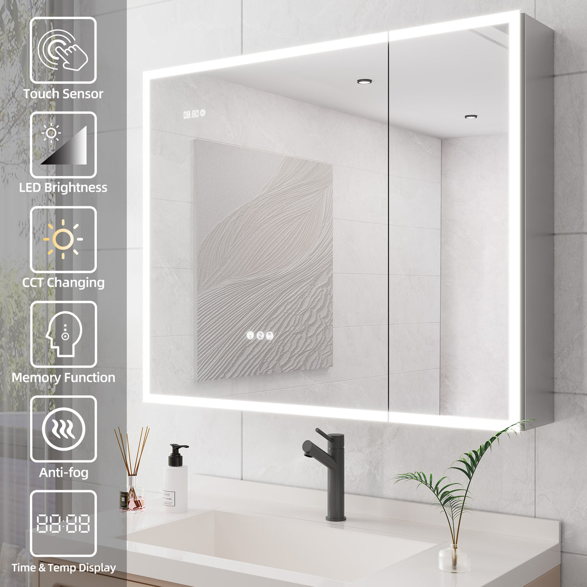 Armoire à pharmacie à montage en surface avec éclairage à DEL de 36 po de largeur x 30 po de hauteur, avec miroir antibuée et 2 étagères réglables RX-MC05-3036