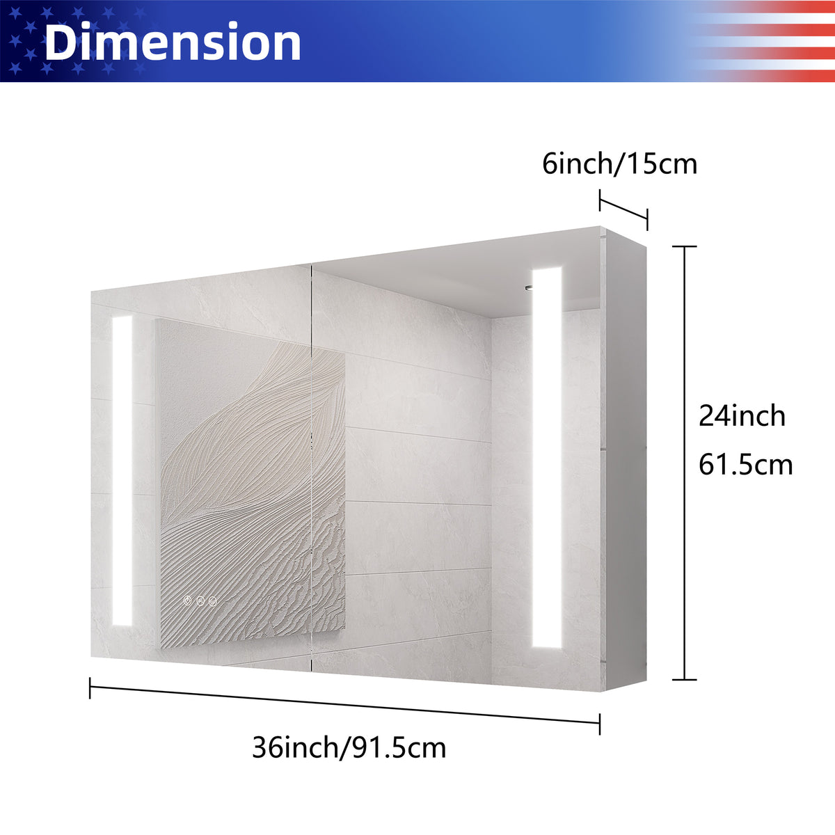 Armoire à pharmacie à montage en surface avec éclairage à DEL de 36 po de largeur x 24 po de hauteur, avec miroir antibuée et 2 étagères réglables RX-MC06-2436