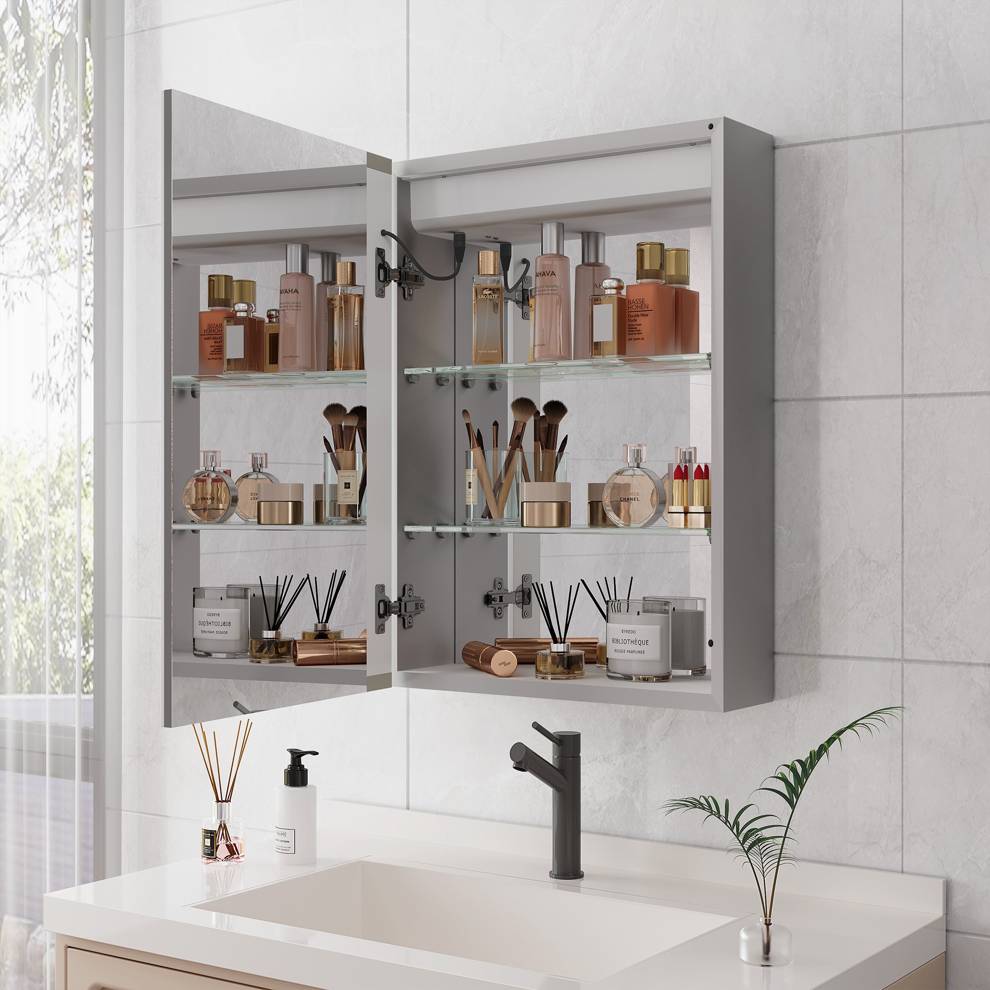 Armoire à pharmacie à montage en surface avec éclairage à DEL de 20 po de largeur x 28 po de hauteur, avec miroir antibuée et 2 étagères réglables RX-MC09-2820