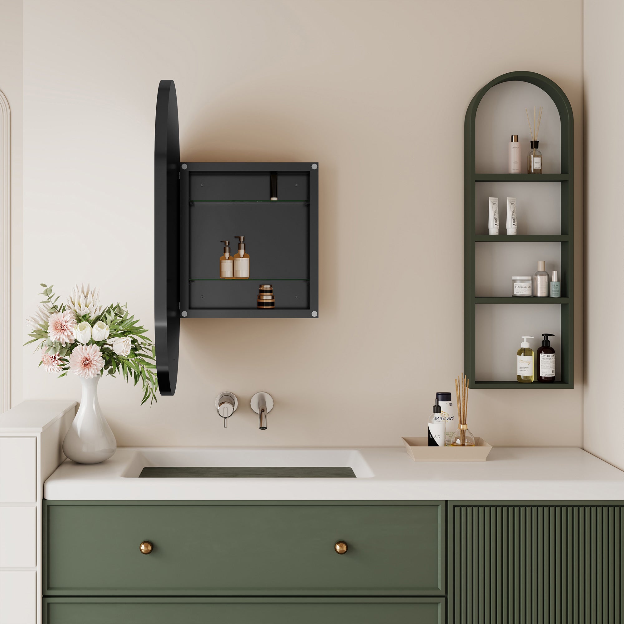 20" x 34" Recessed Framed Medicine Cabinet with Mirror, Matte Black