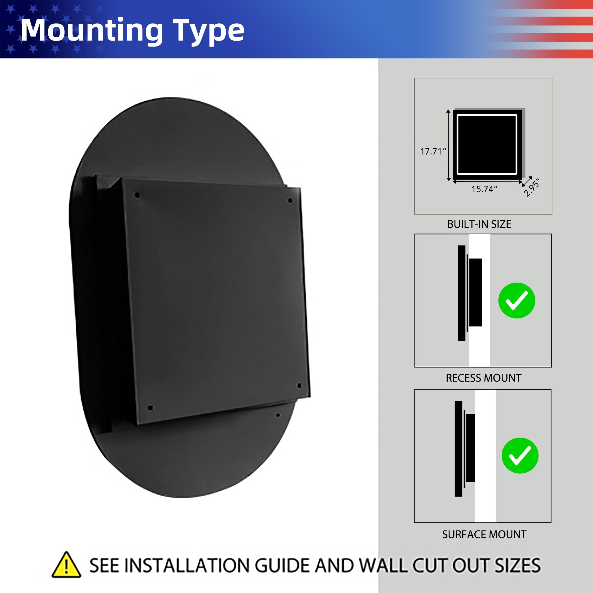 20" x 34" Recessed Framed Medicine Cabinet with Mirror, Matte Black