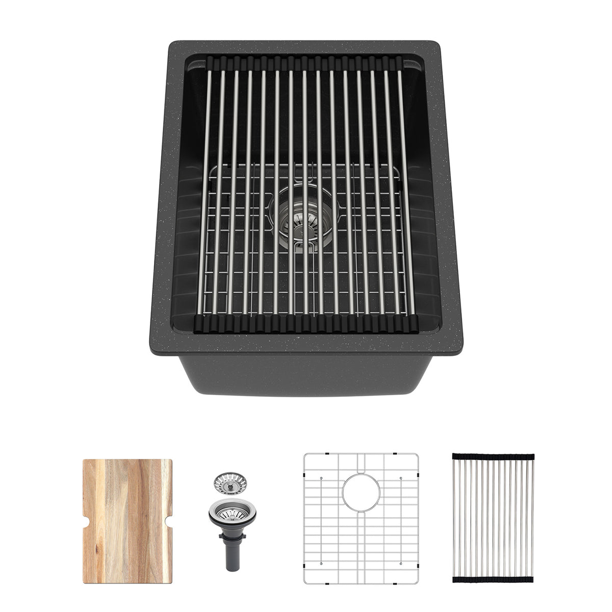 Black Quartz Composite Workstation Undermount Kitchen Sink, Single Bowl Bar Prep Sink with Cutting Board