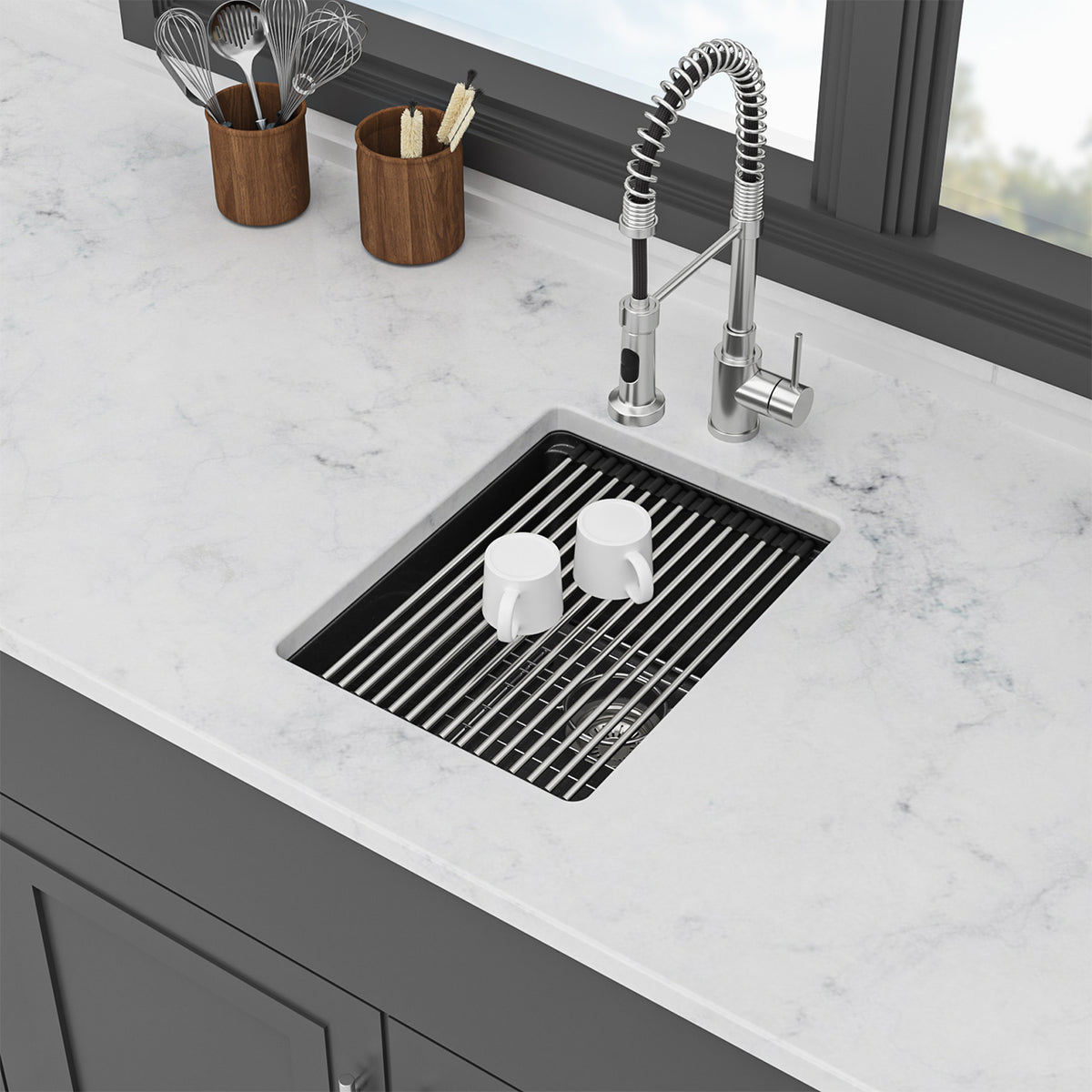 Black Quartz Composite Workstation Undermount Kitchen Sink, Single Bowl Bar Prep Sink with Cutting Board