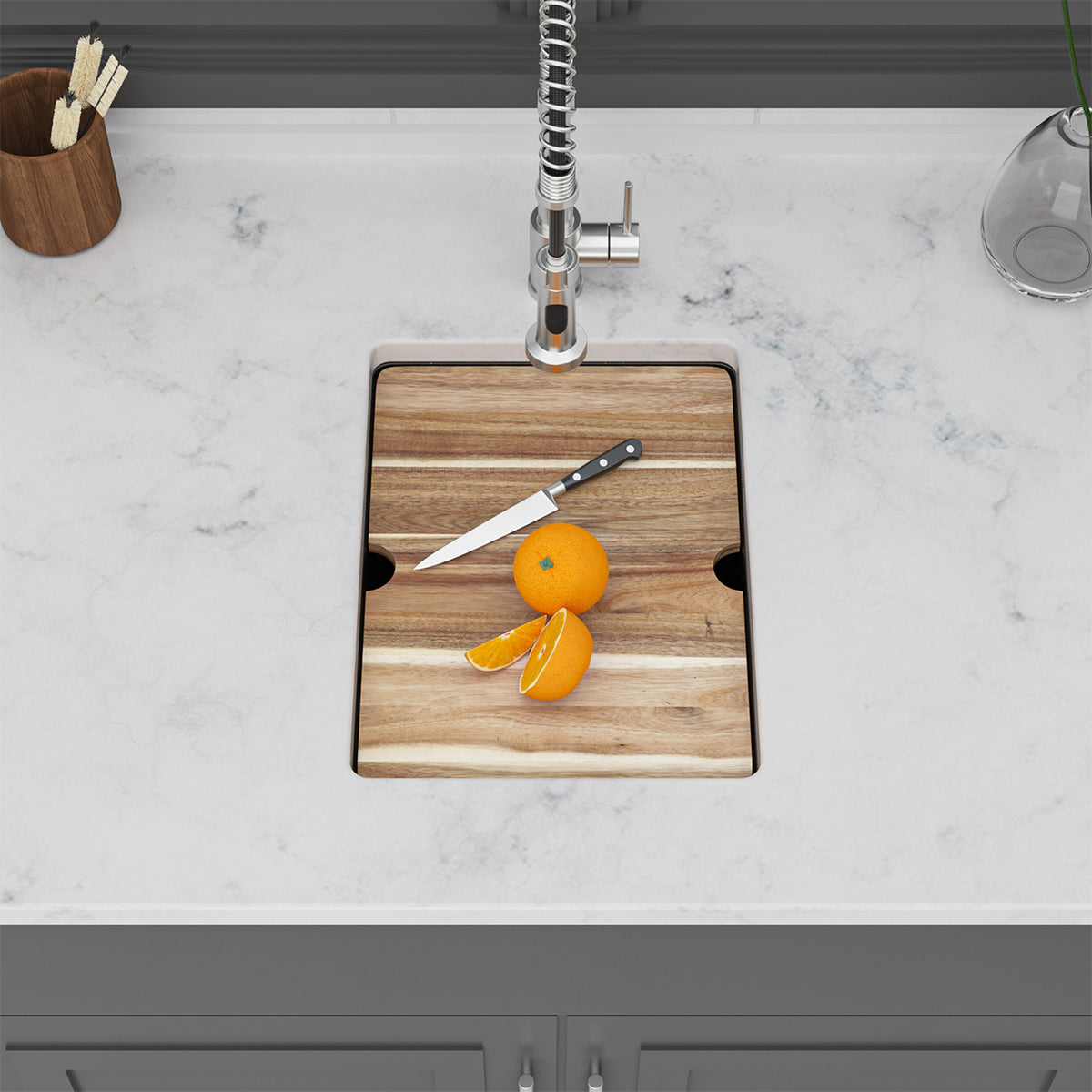 Black Quartz Composite Workstation Undermount Kitchen Sink, Single Bowl Bar Prep Sink with Cutting Board