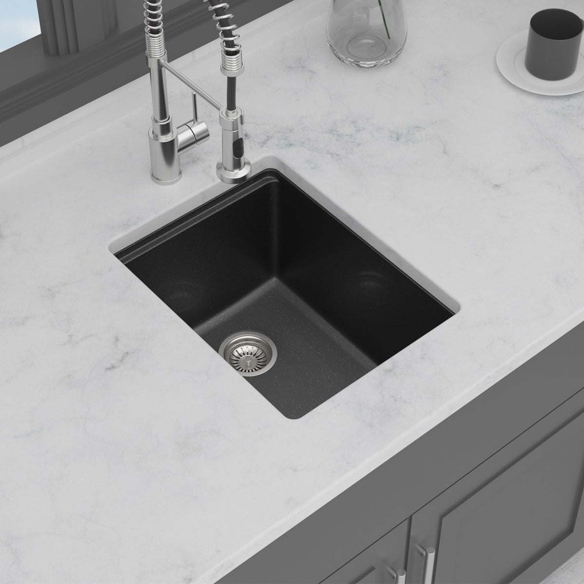 Black Quartz Composite Workstation Undermount Kitchen Sink, Single Bowl Bar Prep Sink with Cutting Board