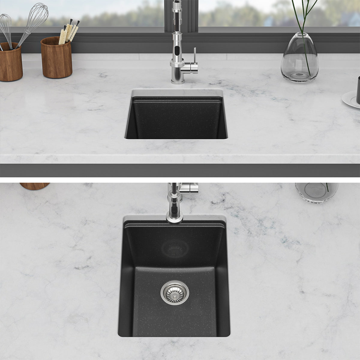 Black Quartz Composite Workstation Undermount Kitchen Sink, Single Bowl Bar Prep Sink with Cutting Board