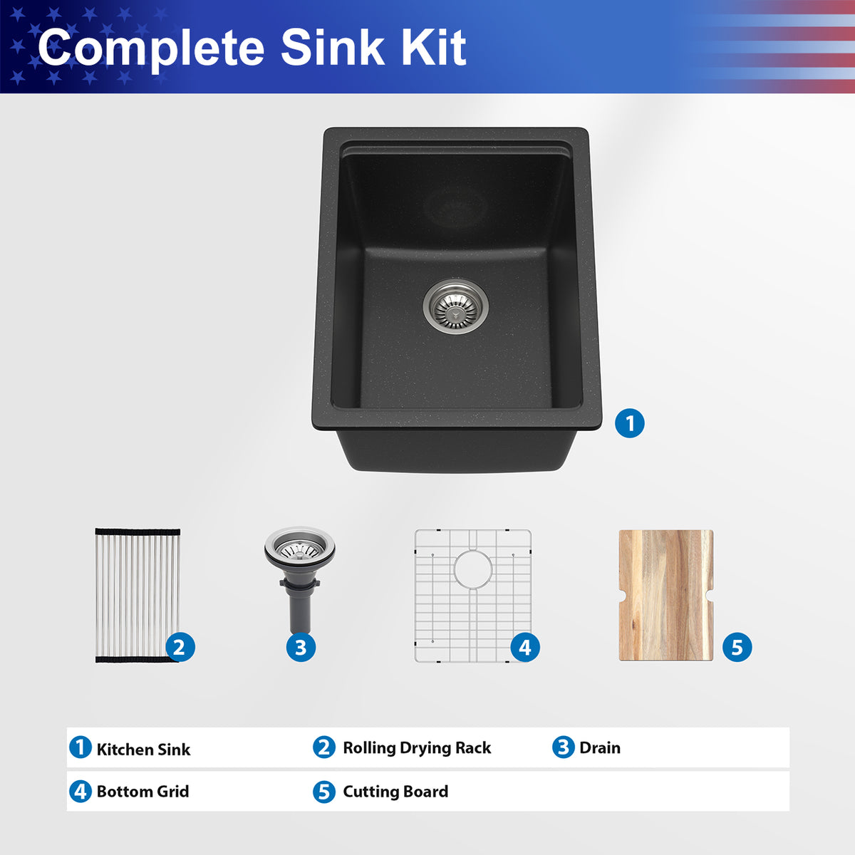 Black Quartz Composite Workstation Undermount Kitchen Sink, Single Bowl Bar Prep Sink with Cutting Board