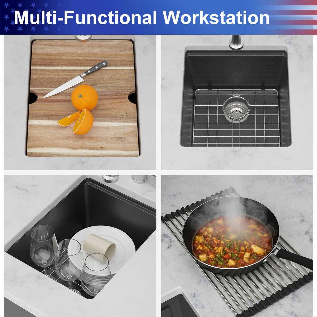Black Quartz Composite Workstation Undermount Kitchen Sink, Single Bowl Bar Prep Sink with Cutting Board