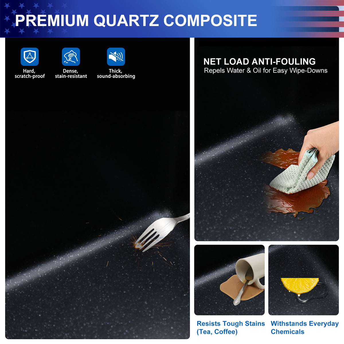 Black Quartz Composite Workstation Undermount Kitchen Sink, Single Bowl Bar Prep Sink with Cutting Board