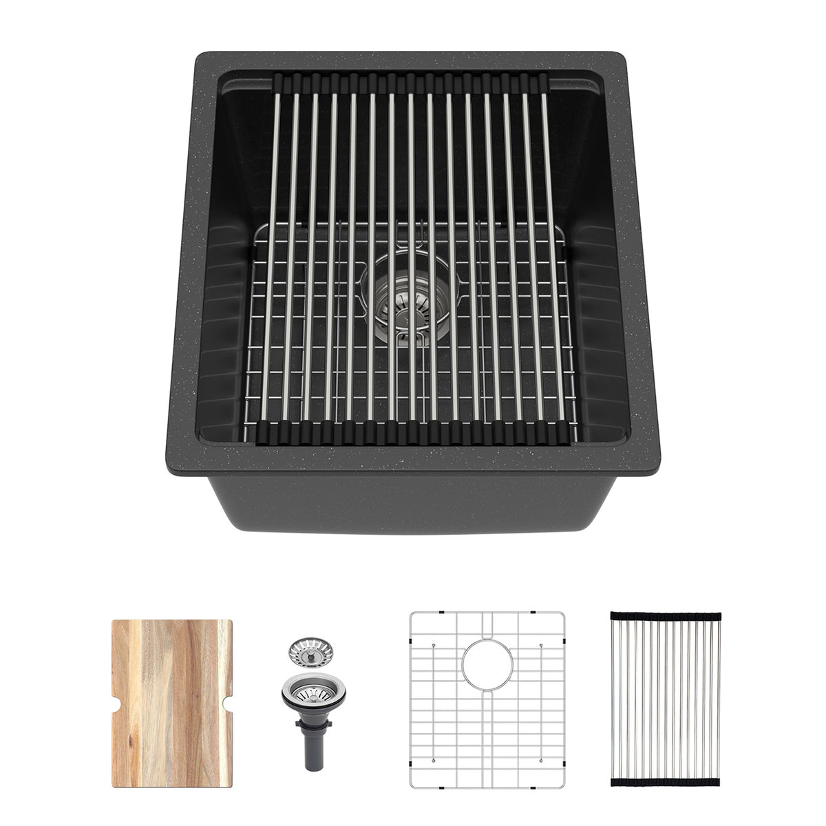 Black Quartz Composite Workstation Undermount Kitchen Sink, Single Bowl Bar Prep Sink with Cutting Board