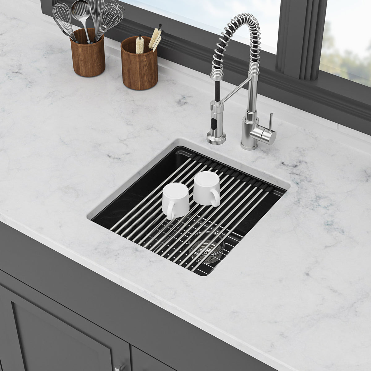 Black Quartz Composite Workstation Undermount Kitchen Sink, Single Bowl Bar Prep Sink with Cutting Board
