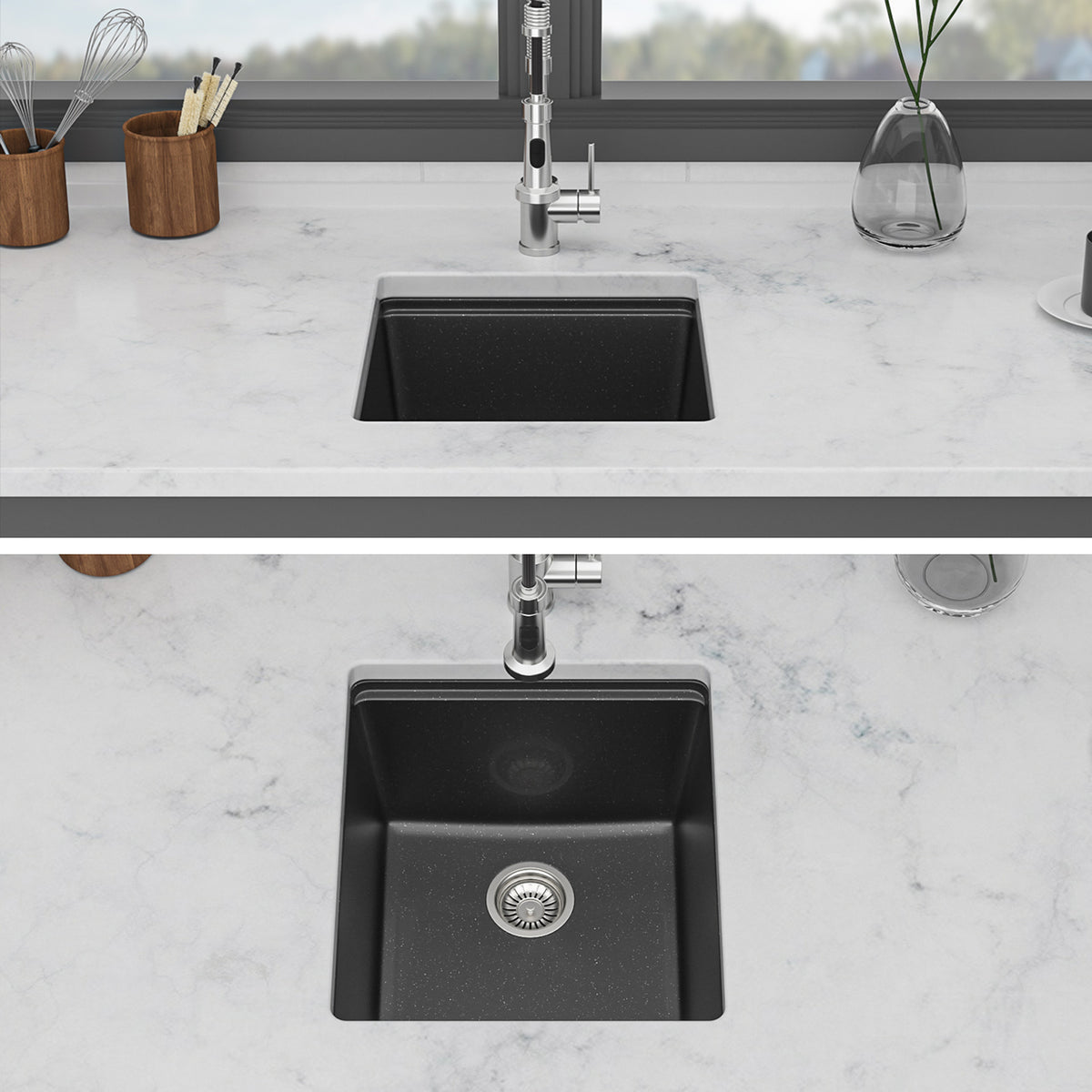 Black Quartz Composite Workstation Undermount Kitchen Sink, Single Bowl Bar Prep Sink with Cutting Board