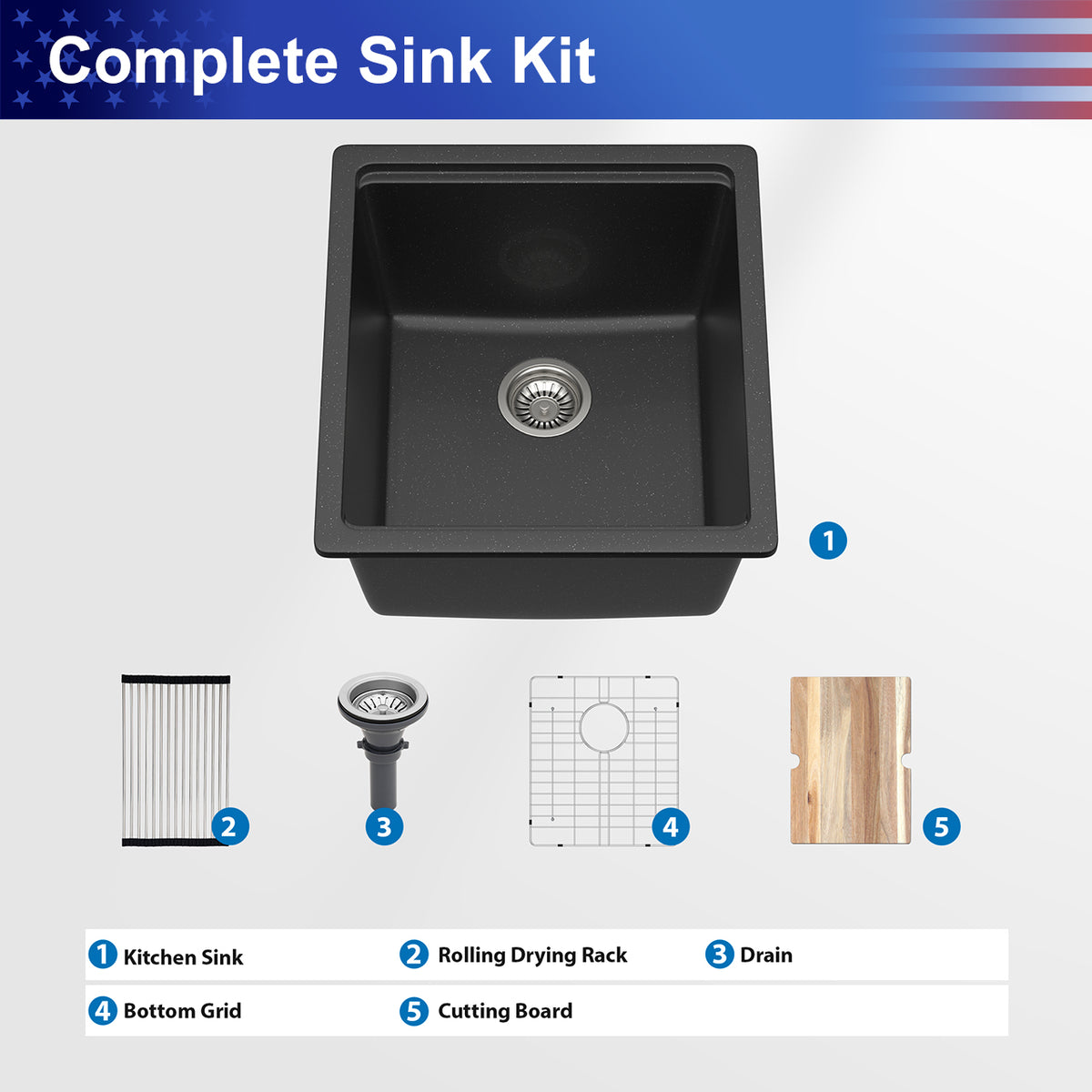 Black Quartz Composite Workstation Undermount Kitchen Sink, Single Bowl Bar Prep Sink with Cutting Board