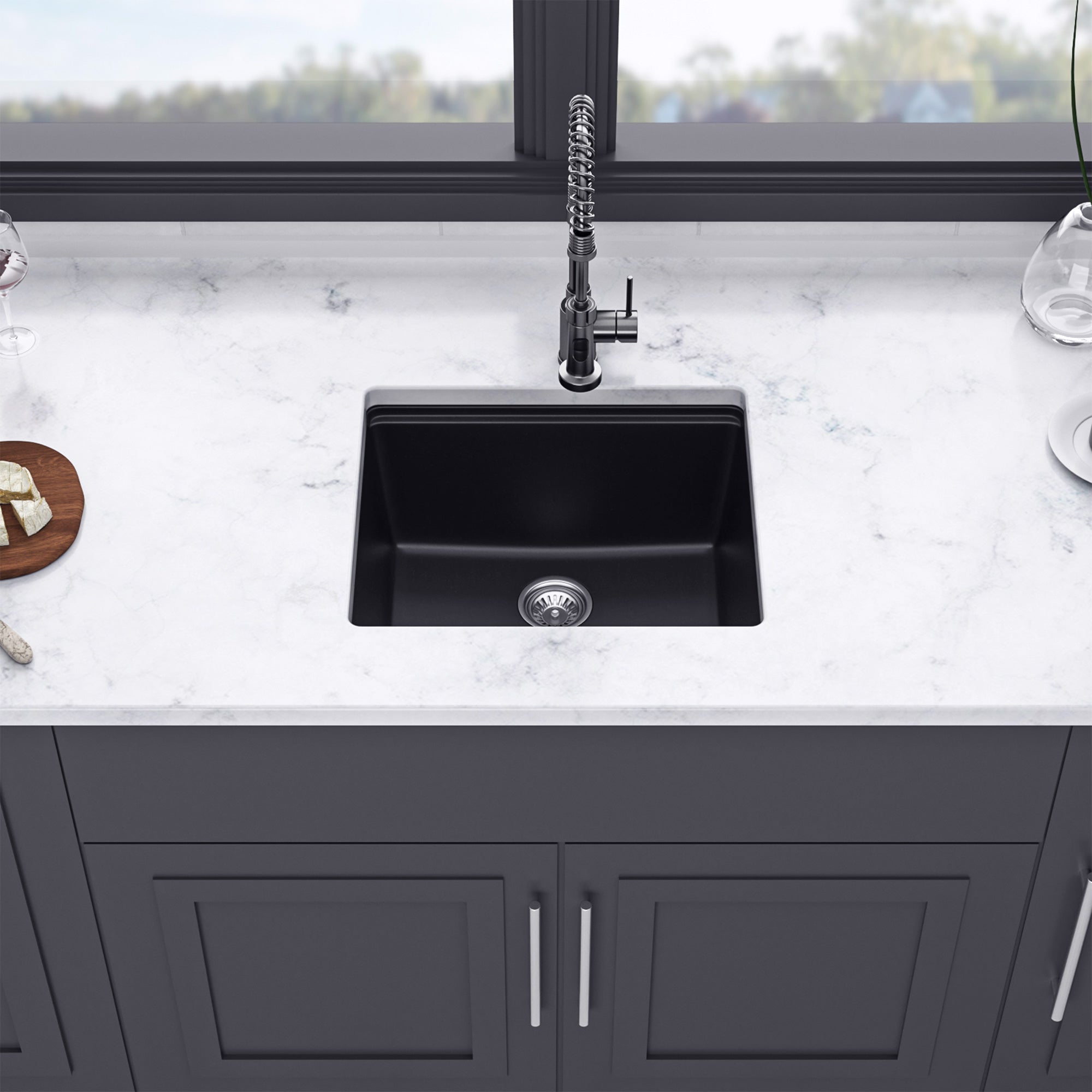 21" x 18" Undermount Single Bowl Quartz/Granite Composite Kitchen Sink with Workstation in Matte Black RX-QS01-2118B
