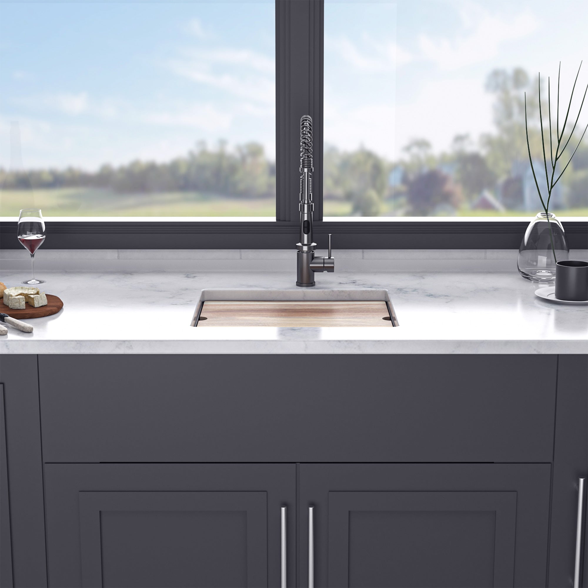 21" x 18" Undermount Single Bowl Quartz Composite Workstation Sink, Matte Black