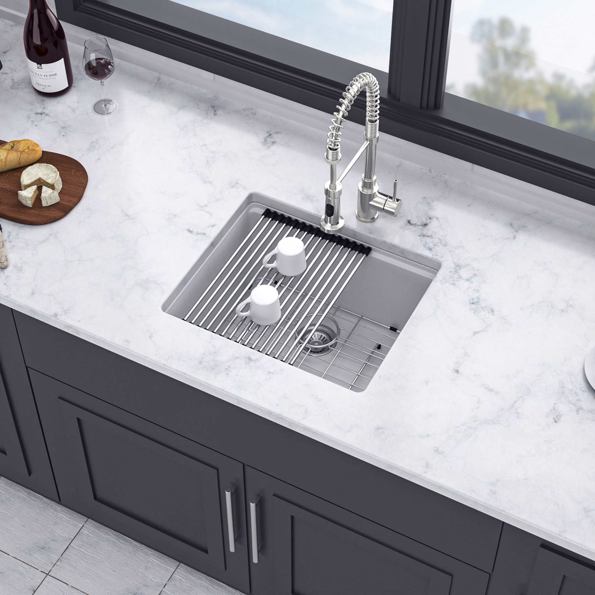 21" x 18" Undermount Single Bowl Quartz Composite Workstation Sink, Matte White